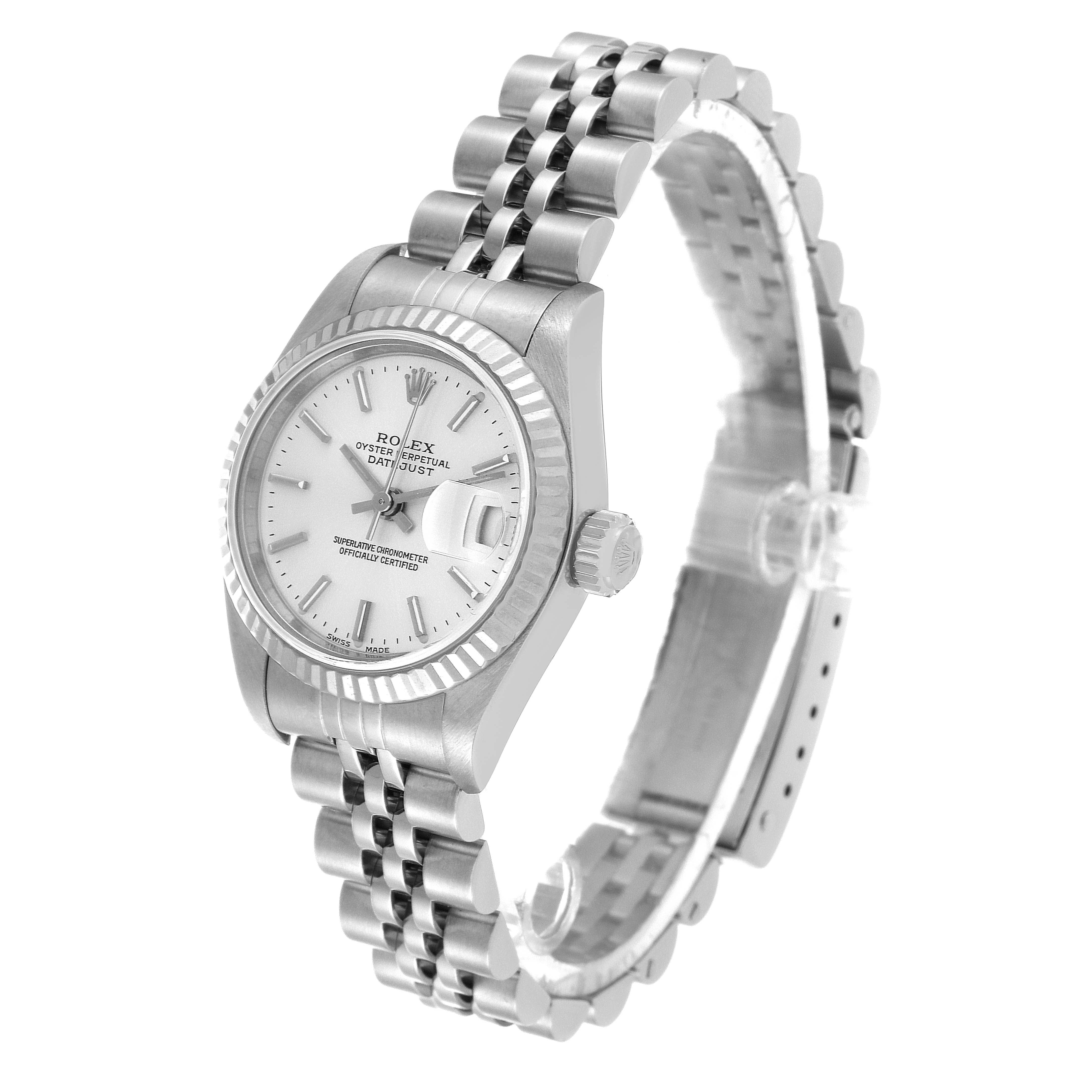 The Rolex Datejust 79174 Women's Stainless Steel Silver Dial 79174 Women's Stainless Steel Silver Dial watch is shown at an angled front view, highlighting the dial, bezel, crown, and bracelet.