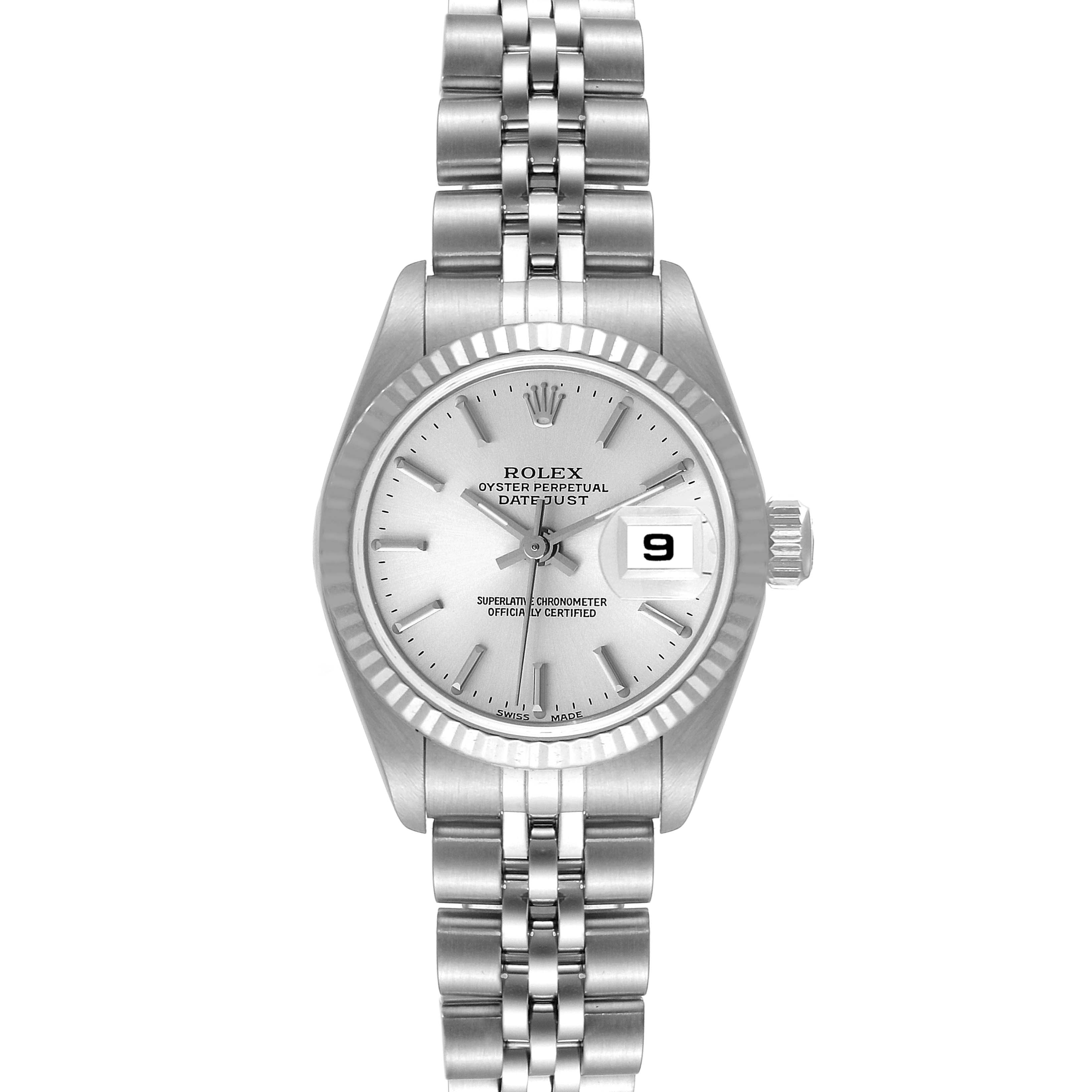 The image shows a front view of a Rolex Datejust 79174 Women's Stainless Steel Silver Dial 79174 Women's Stainless Steel Silver Dial watch, highlighting its face, fluted bezel, and Jubilee bracelet.