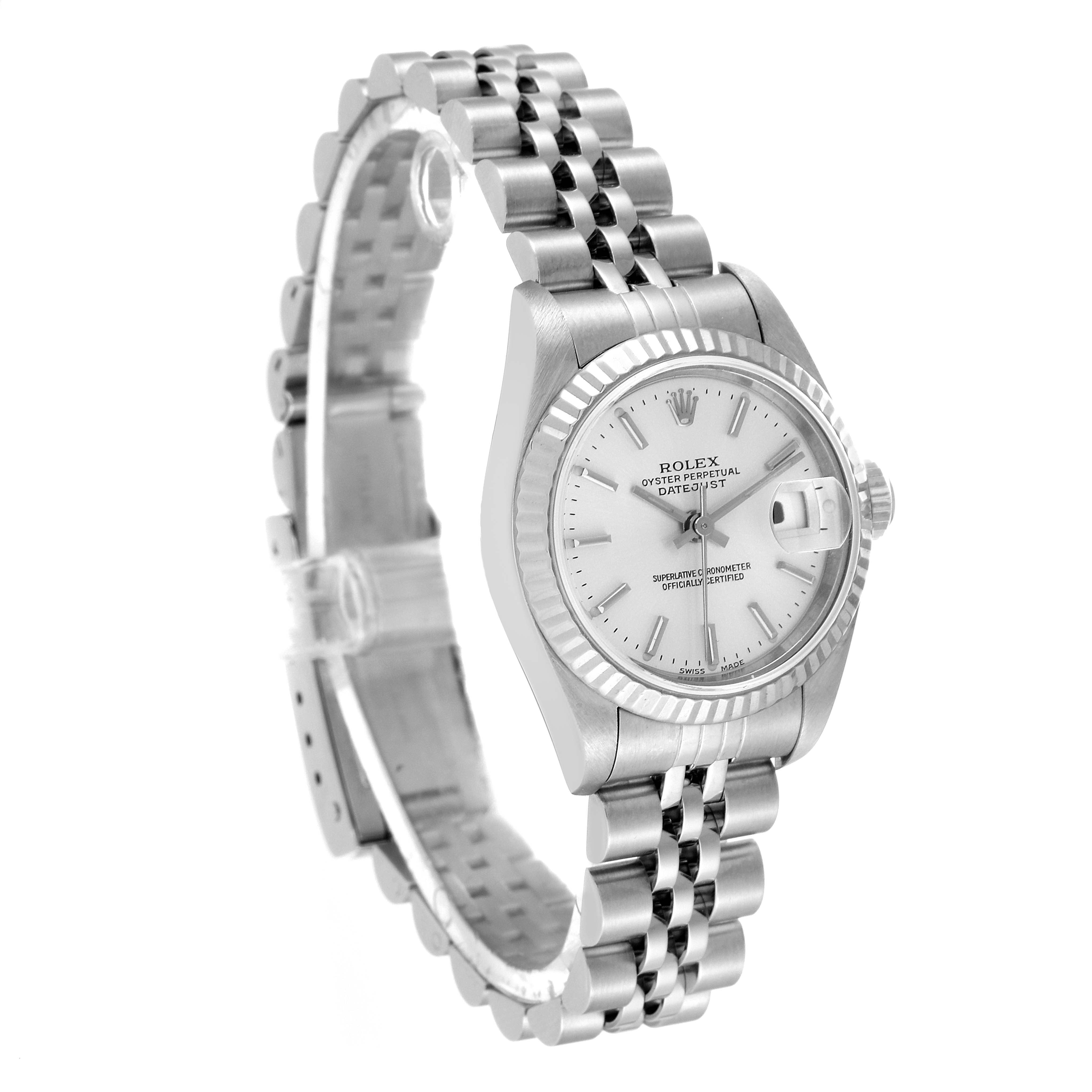The image shows a Rolex Datejust 79174 Women's Stainless Steel Silver Dial 79174 Women's Stainless Steel Silver Dial watch from an oblique angle, highlighting the face, bezel, crown, and part of the bracelet.