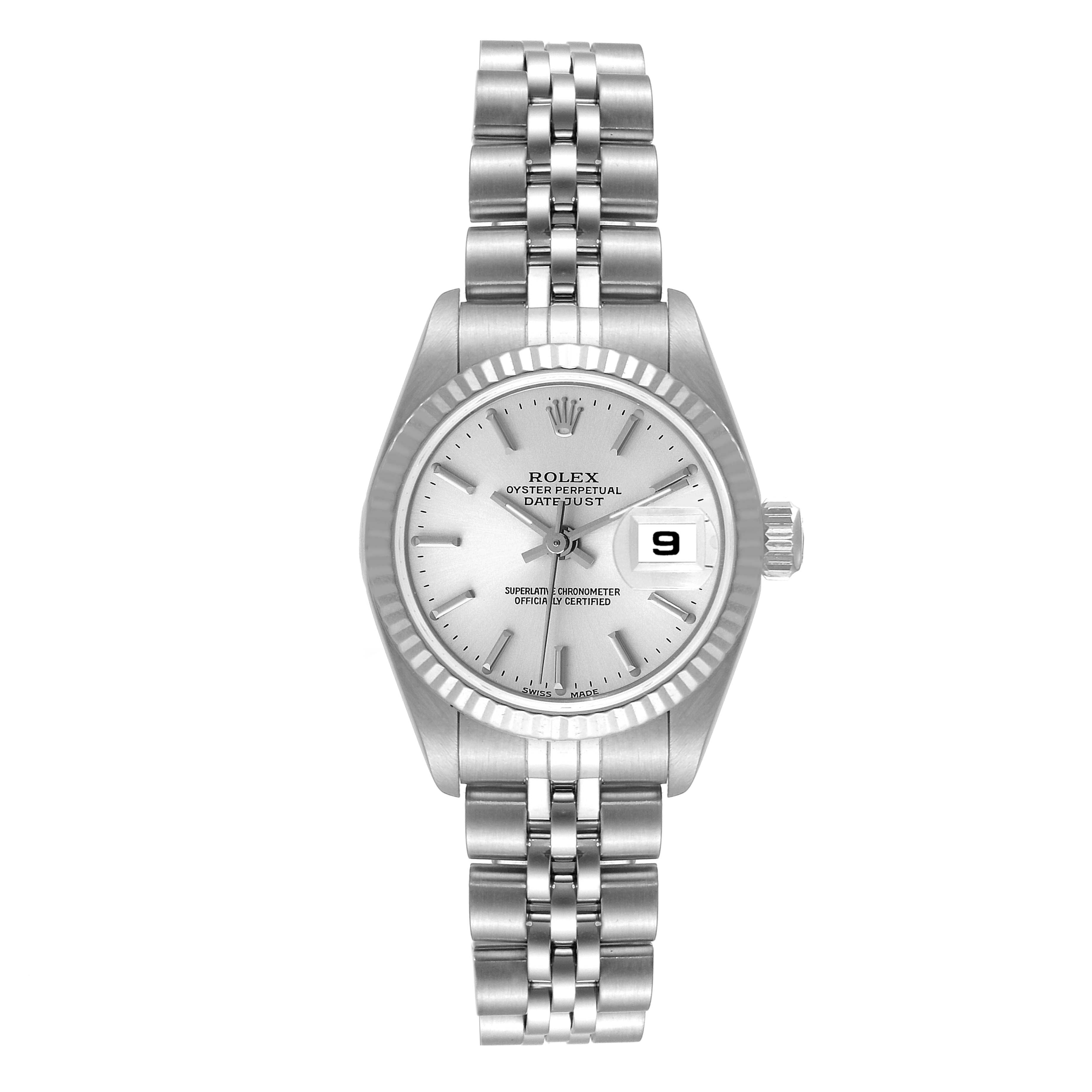 The image shows a Rolex Datejust 79174 Women's Stainless Steel Silver Dial 79174 Women's Stainless Steel Silver Dial watch from a frontal angle, displaying its dial, bezel, and bracelet.