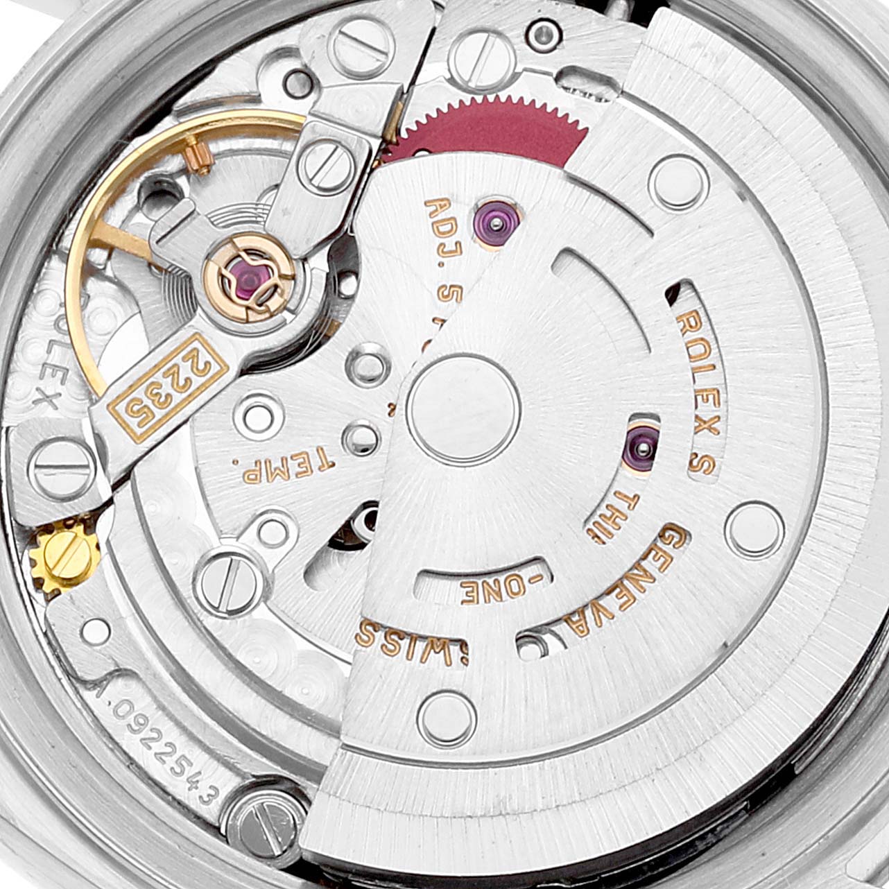 This is a close-up view of the movement and internal mechanisms of a Rolex Datejust 79174 Women's Stainless Steel Silver Dial 79174 Women's Stainless Steel Silver Dial watch.