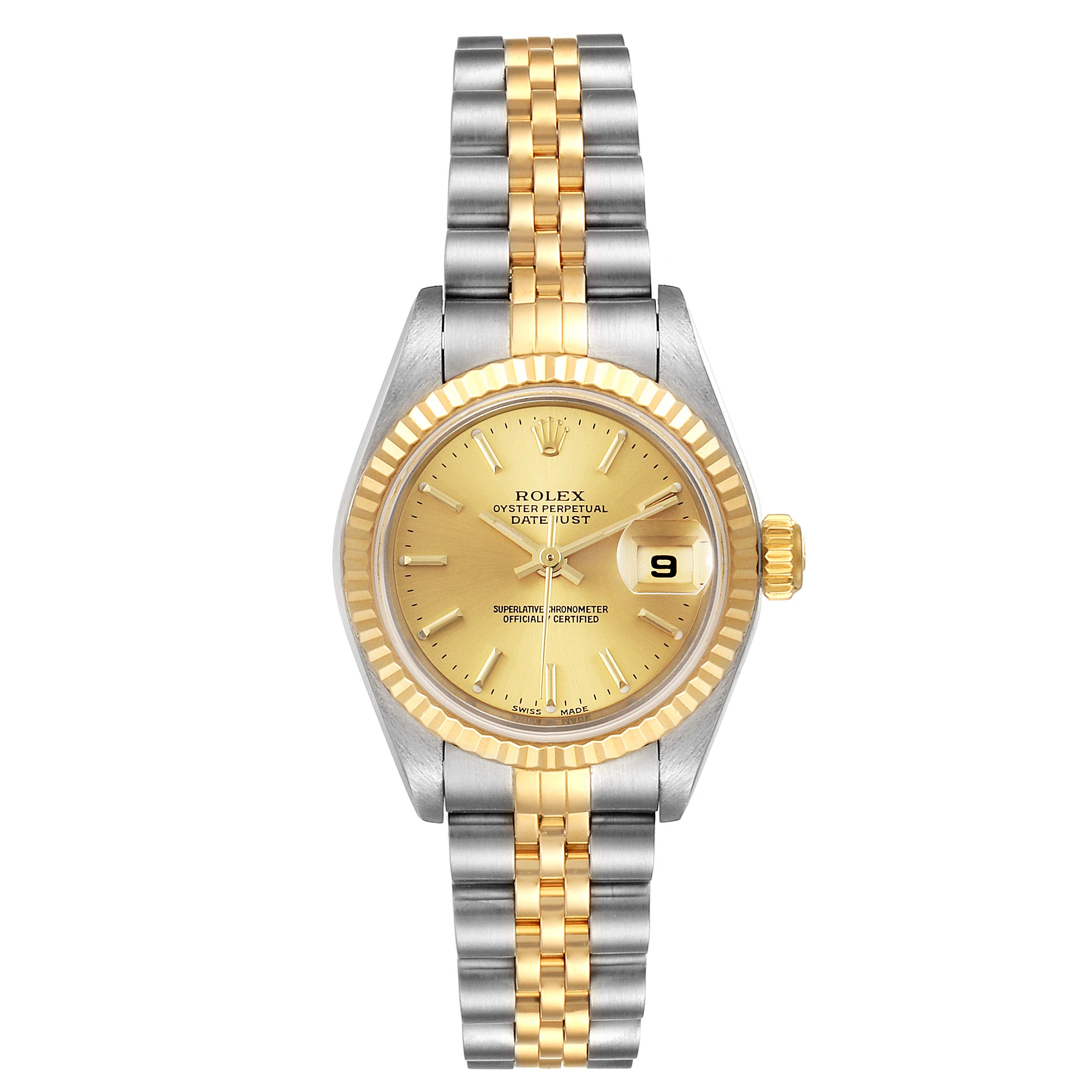 This image shows the Rolex Datejust 79173 Women's Steel and Gold (two tone) Champagne Dial 79173 Women's Steel and Gold (two tone) Champagne Dial watch from a top-down view, highlighting its gold-tone dial, fluted bezel, and two-tone bracelet.