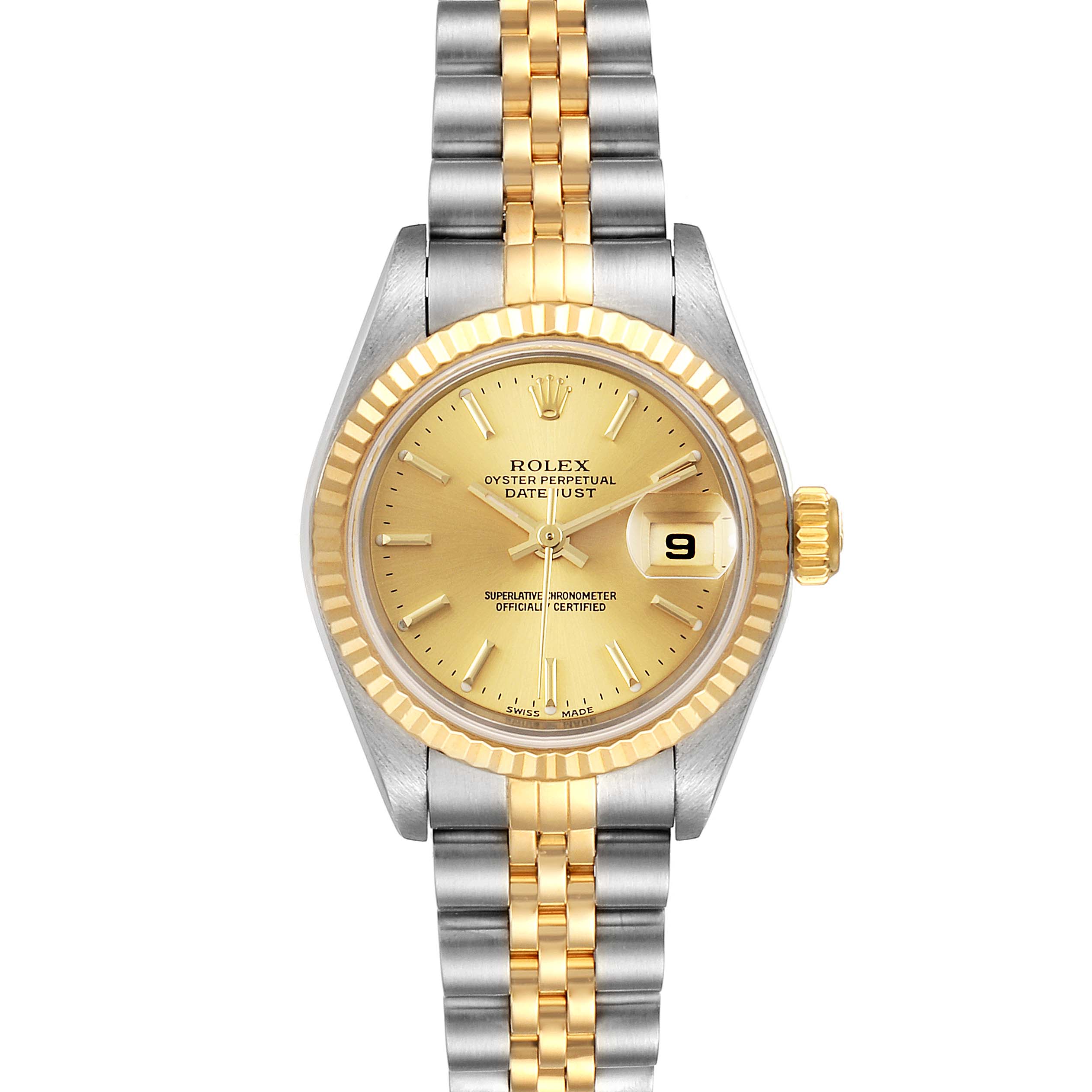 The image shows a frontal view of a Rolex Datejust 79173 Women's Steel and Gold (two tone) Champagne Dial 79173 Women's Steel and Gold (two tone) Champagne Dial watch, highlighting its dial, bezel, crown, and two-tone bracelet.