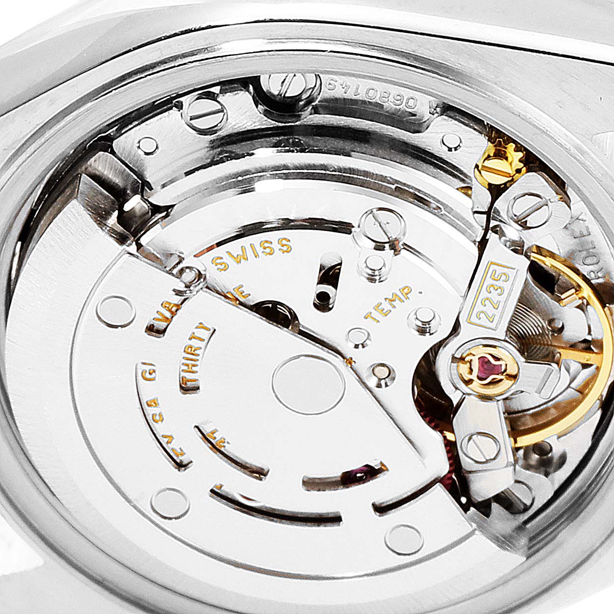 The image shows a close-up of the movement components of a Rolex Datejust 79173 Women's Steel and Gold (two tone) Champagne Dial 79173 Women's Steel and Gold (two tone) Champagne Dial watch.