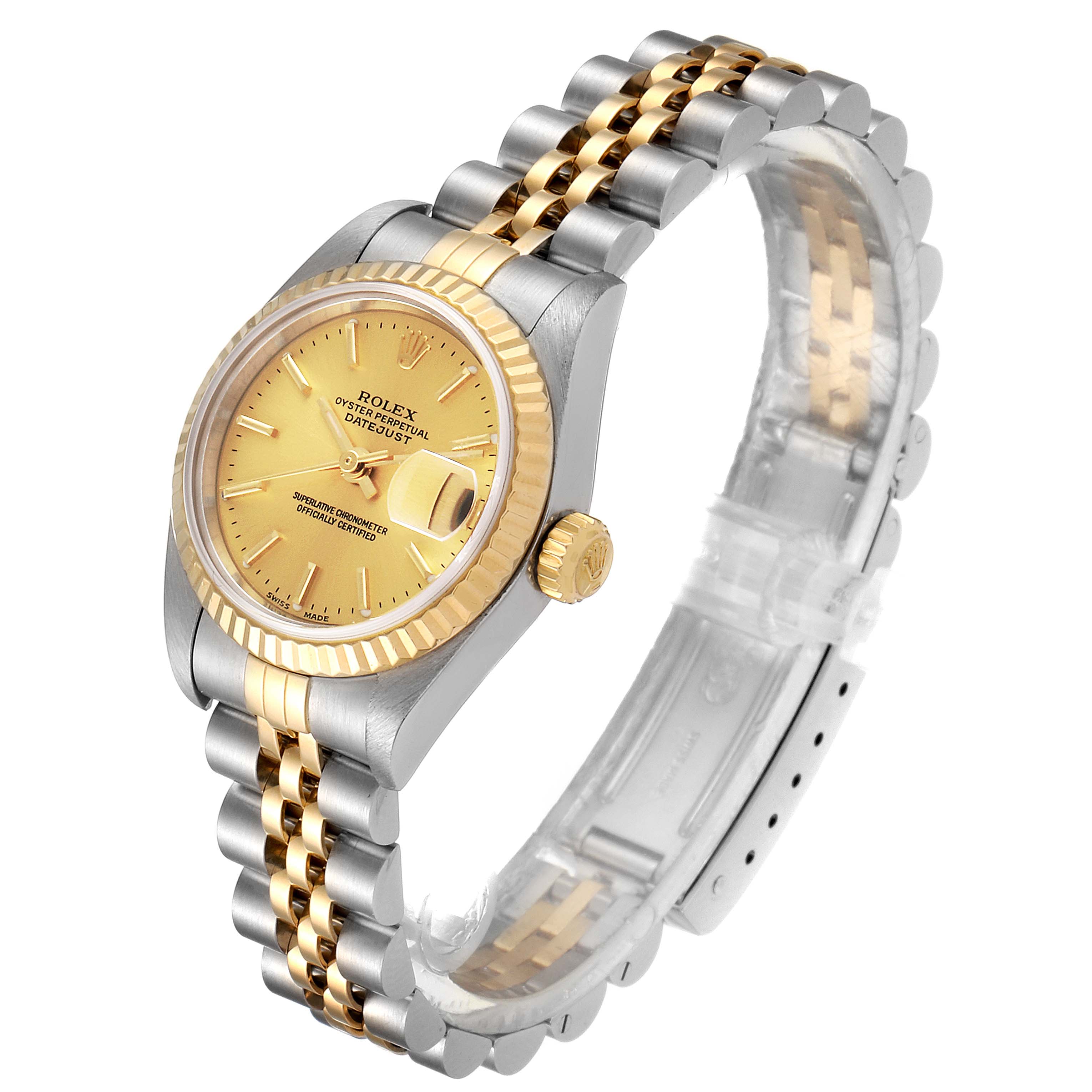 This image displays a Rolex Datejust 79173 Women's Steel and Gold (two tone) Champagne Dial 79173 Women's Steel and Gold (two tone) Champagne Dial watch at an oblique angle, showing the face, fluted bezel, crown, and jubilee bracelet.