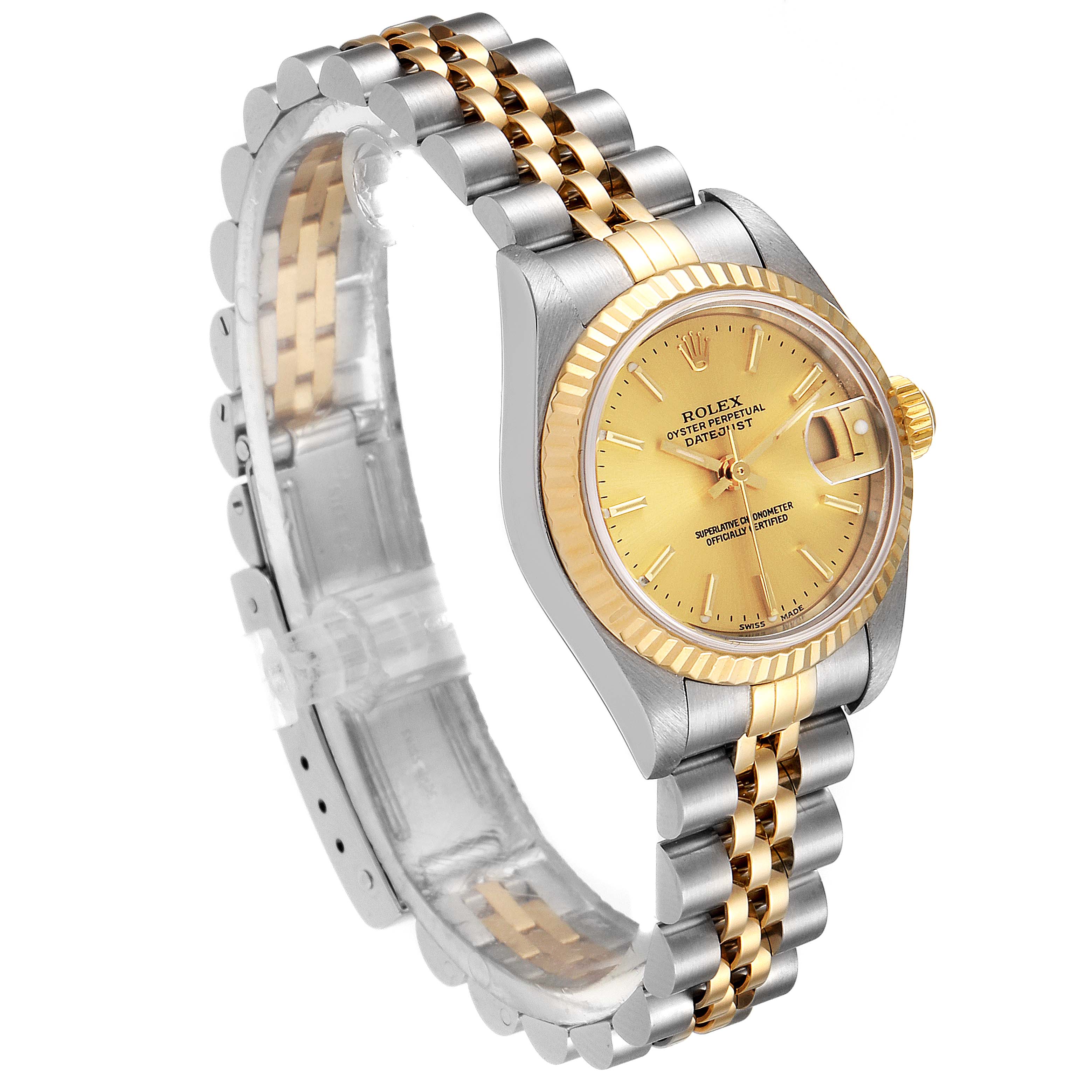 This Rolex Datejust 79173 Women's Steel and Gold (two tone) Champagne Dial 79173 Women's Steel and Gold (two tone) Champagne Dial watch is shown at a three-quarter angle, highlighting its gold dial, fluted bezel, and two-tone jubilee bracelet.
