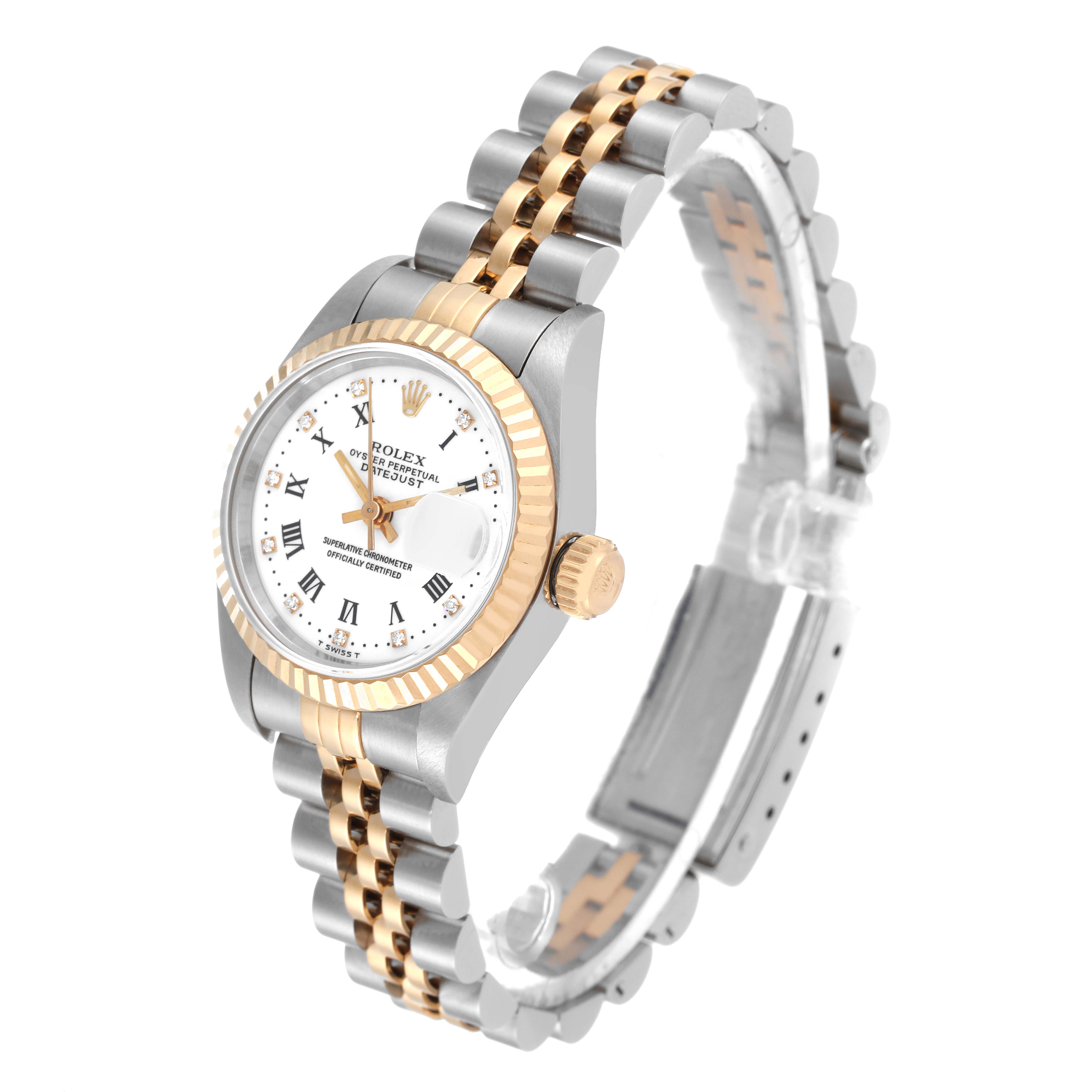 The Rolex Datejust 69173 Women's Steel and Gold (two tone) White Dial 69173 Women's Steel and Gold (two tone) White Dial watch is shown at a slight angle, highlighting its two-tone bracelet, fluted bezel, and crown details.