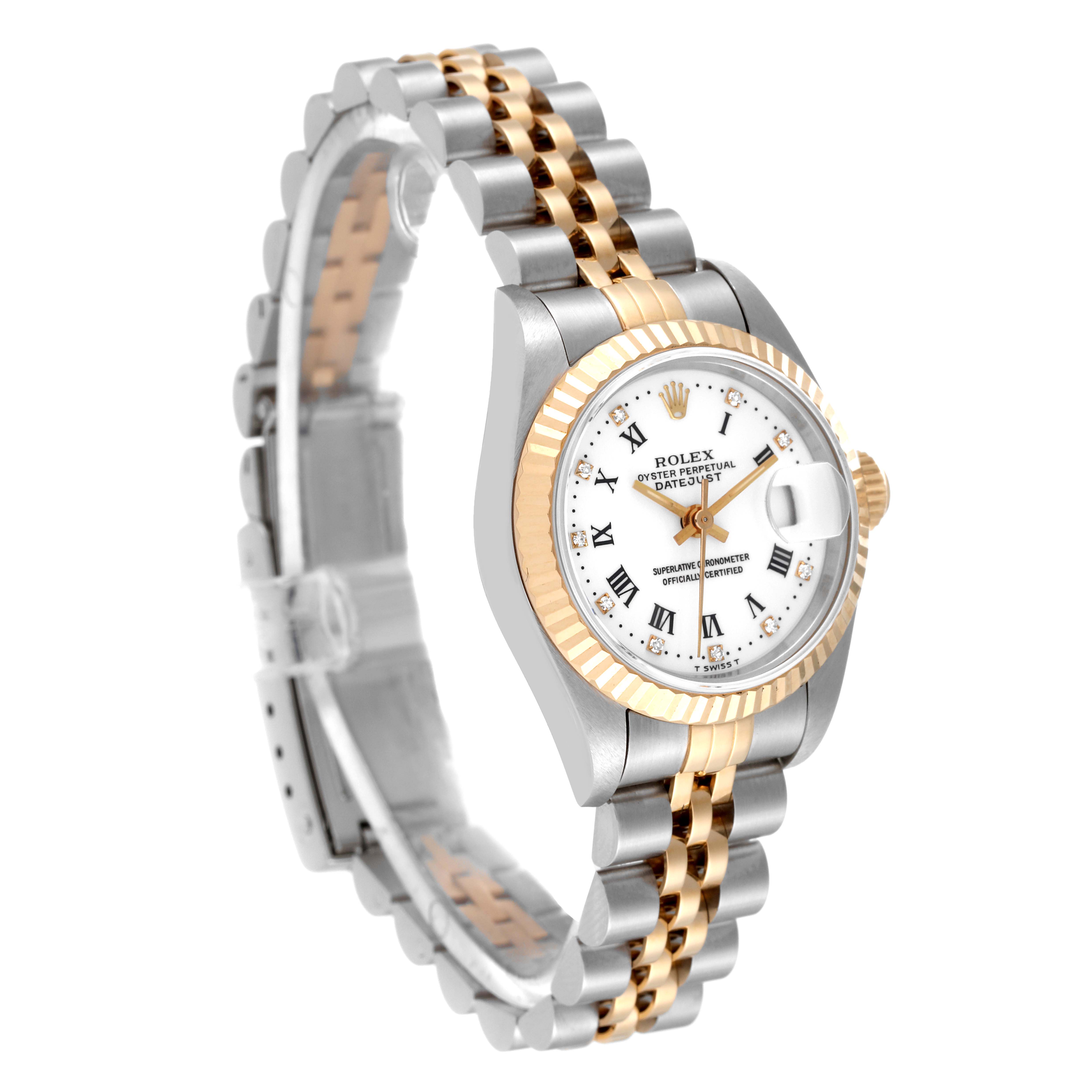 The Rolex Datejust 69173 Women's Steel and Gold (two tone) White Dial 69173 Women's Steel and Gold (two tone) White Dial watch is shown at an angled side view, detailing the gold and silver bracelet, white dial, and fluted bezel.