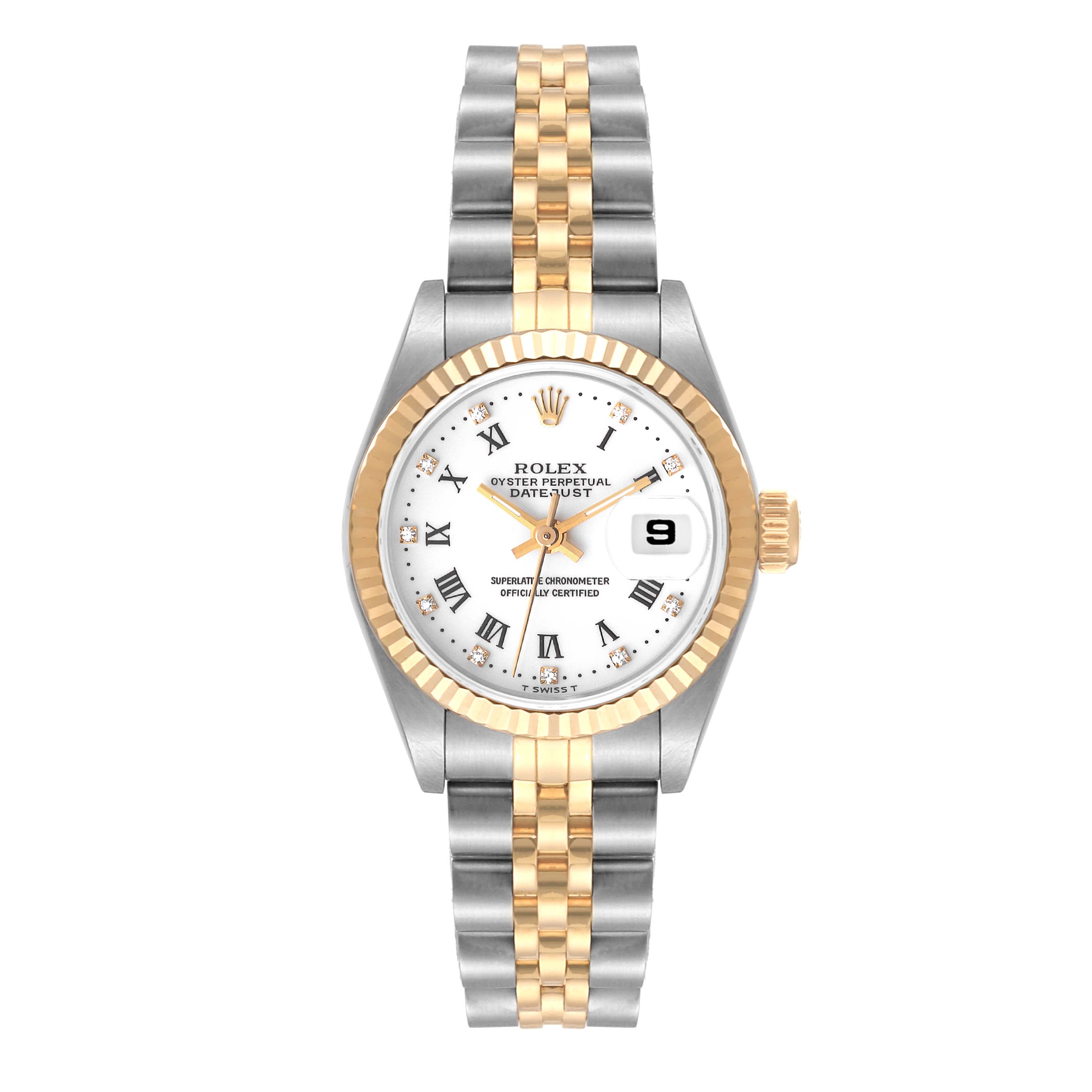 The Rolex Datejust 69173 Women's Steel and Gold (two tone) White Dial 69173 Women's Steel and Gold (two tone) White Dial watch is shown from a front angle, displaying its dial, two-tone bracelet, and fluted bezel.