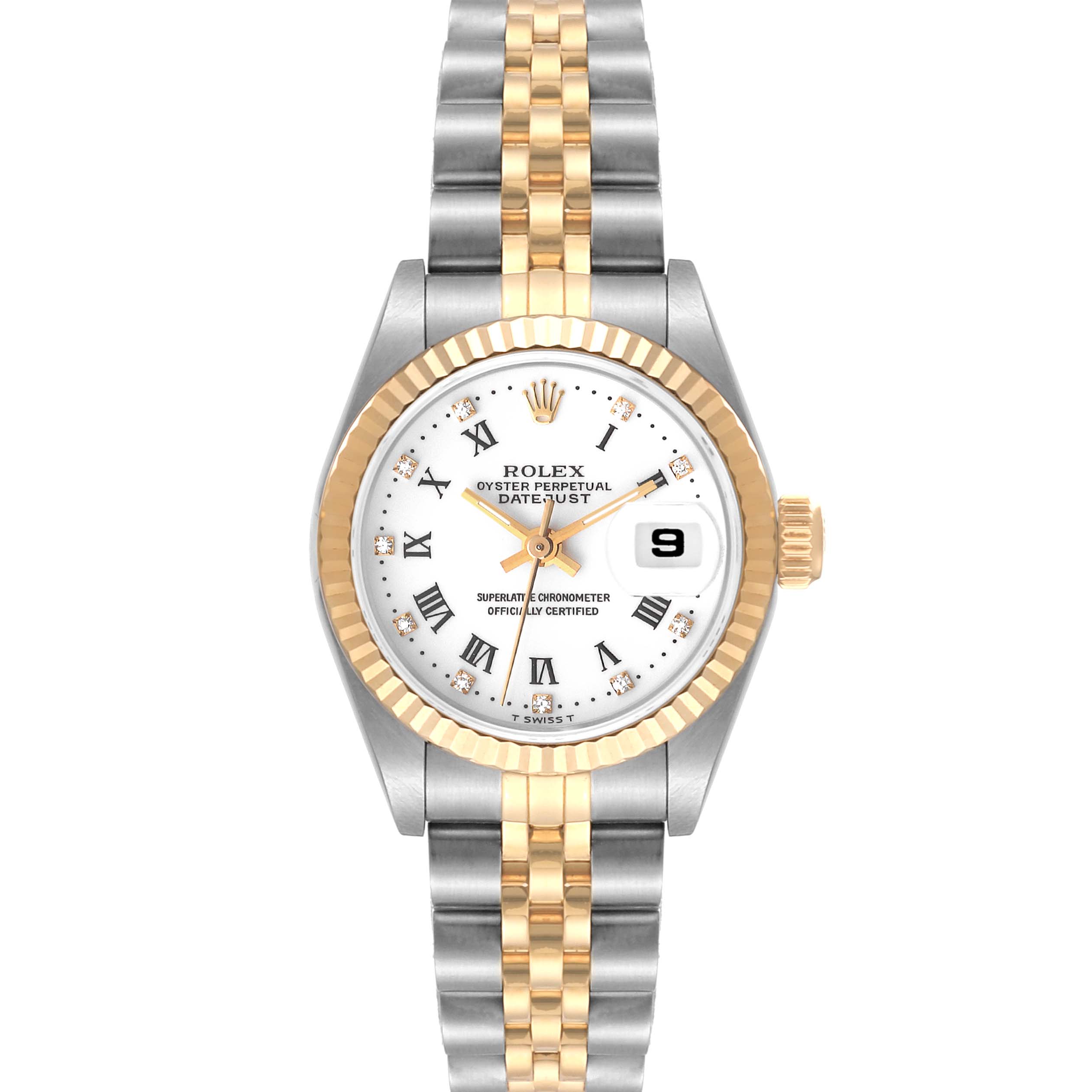 This Rolex Datejust 69173 Women's Steel and Gold (two tone) White Dial 69173 Women's Steel and Gold (two tone) White Dial watch is shown from the front, displaying the face, bezel, and bracelet.