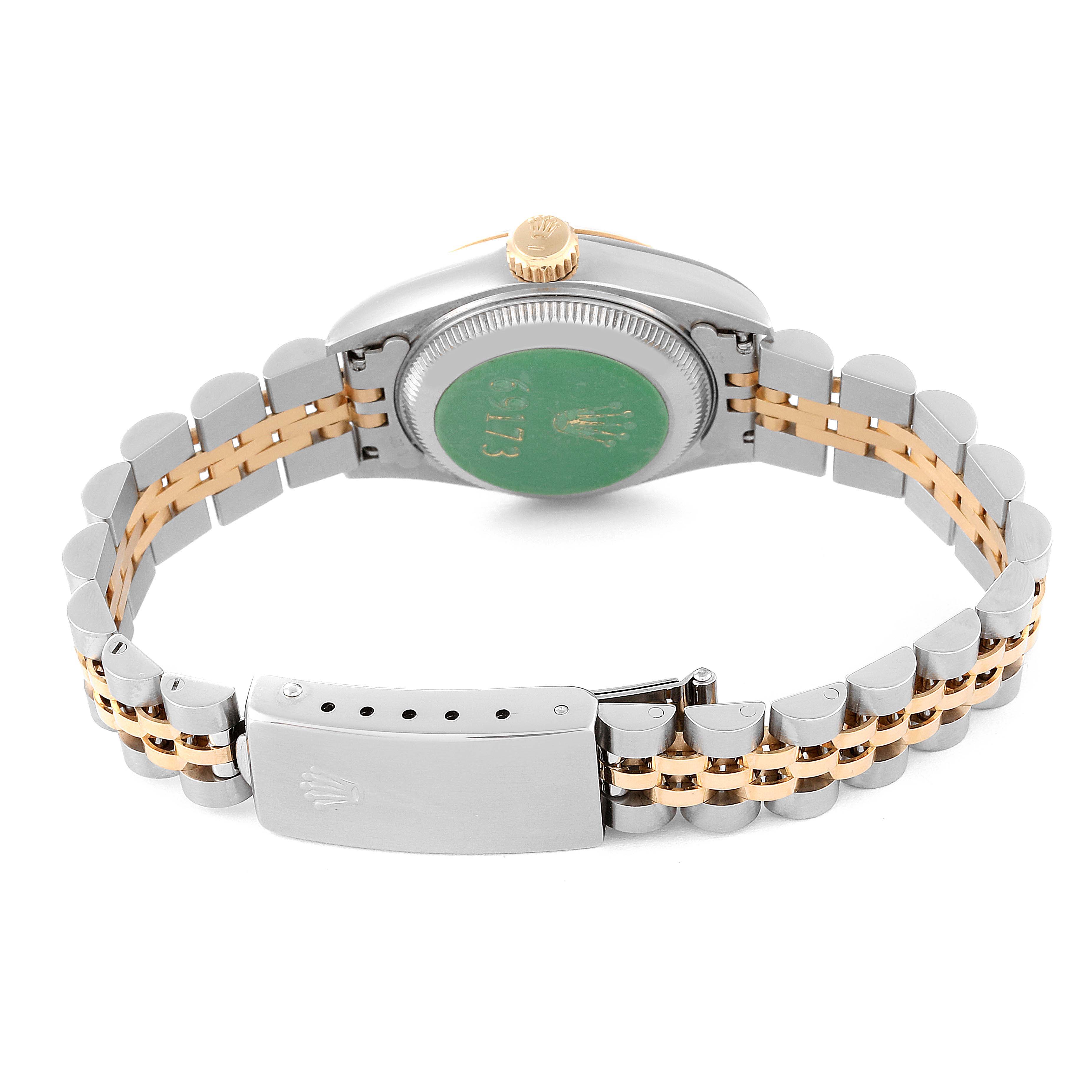 The image shows the back view of a Rolex Datejust 69173 Women's Steel and Gold (two tone) White Dial 69173 Women's Steel and Gold (two tone) White Dial watch, highlighting the bracelet and clasp.