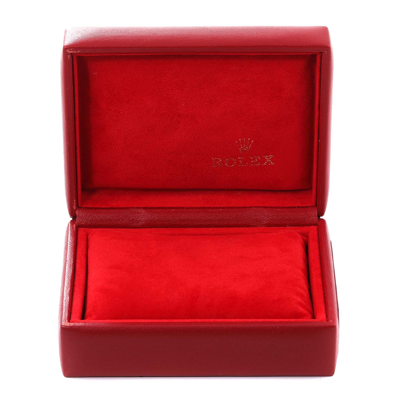 This image shows an open red Rolex watch box for a Datejust model, displaying its interior.