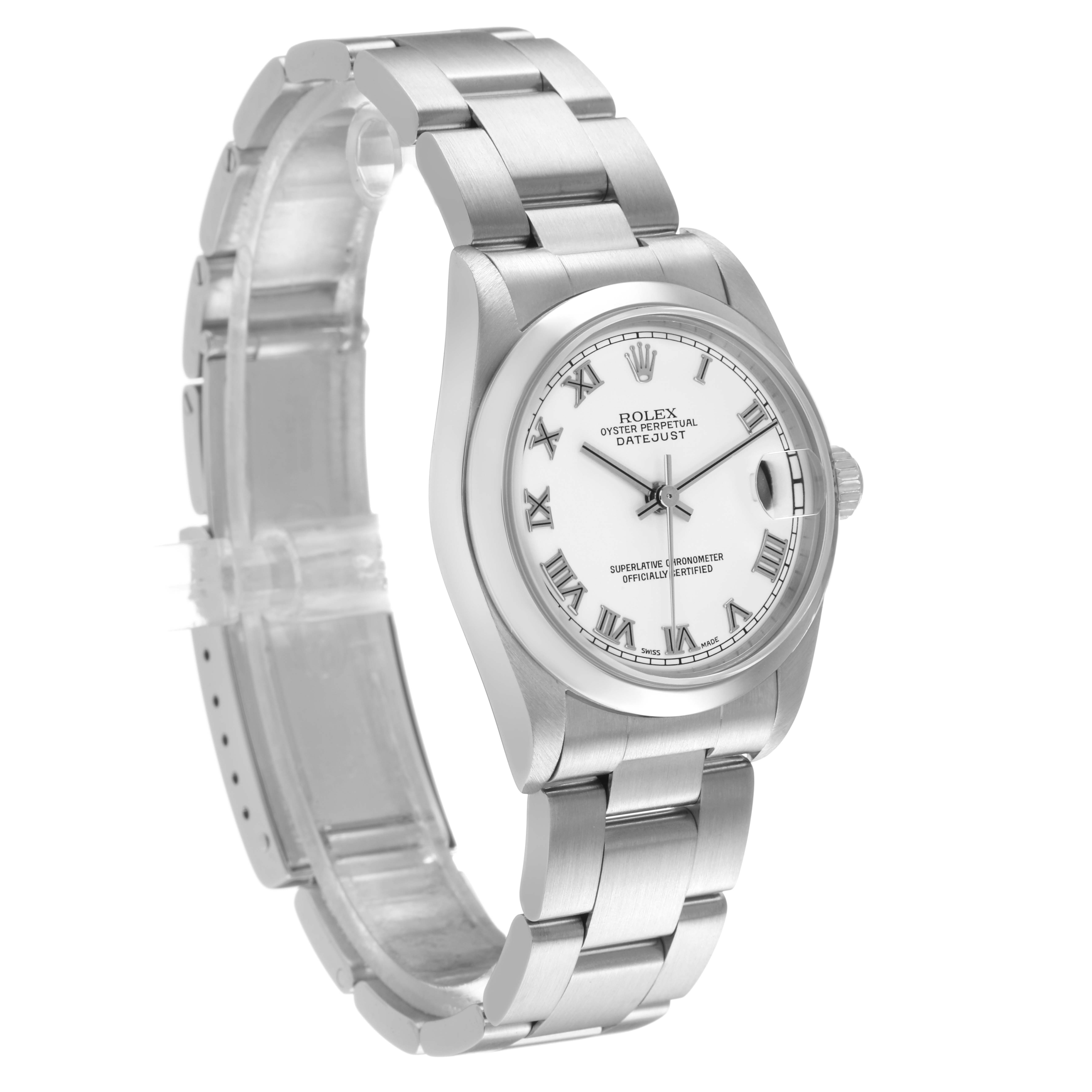 The Rolex Mid-Size 78240 Women's Stainless Steel White Dial model is shown at a three-quarter angle, displaying the face, bezel, crown, and bracelet.
