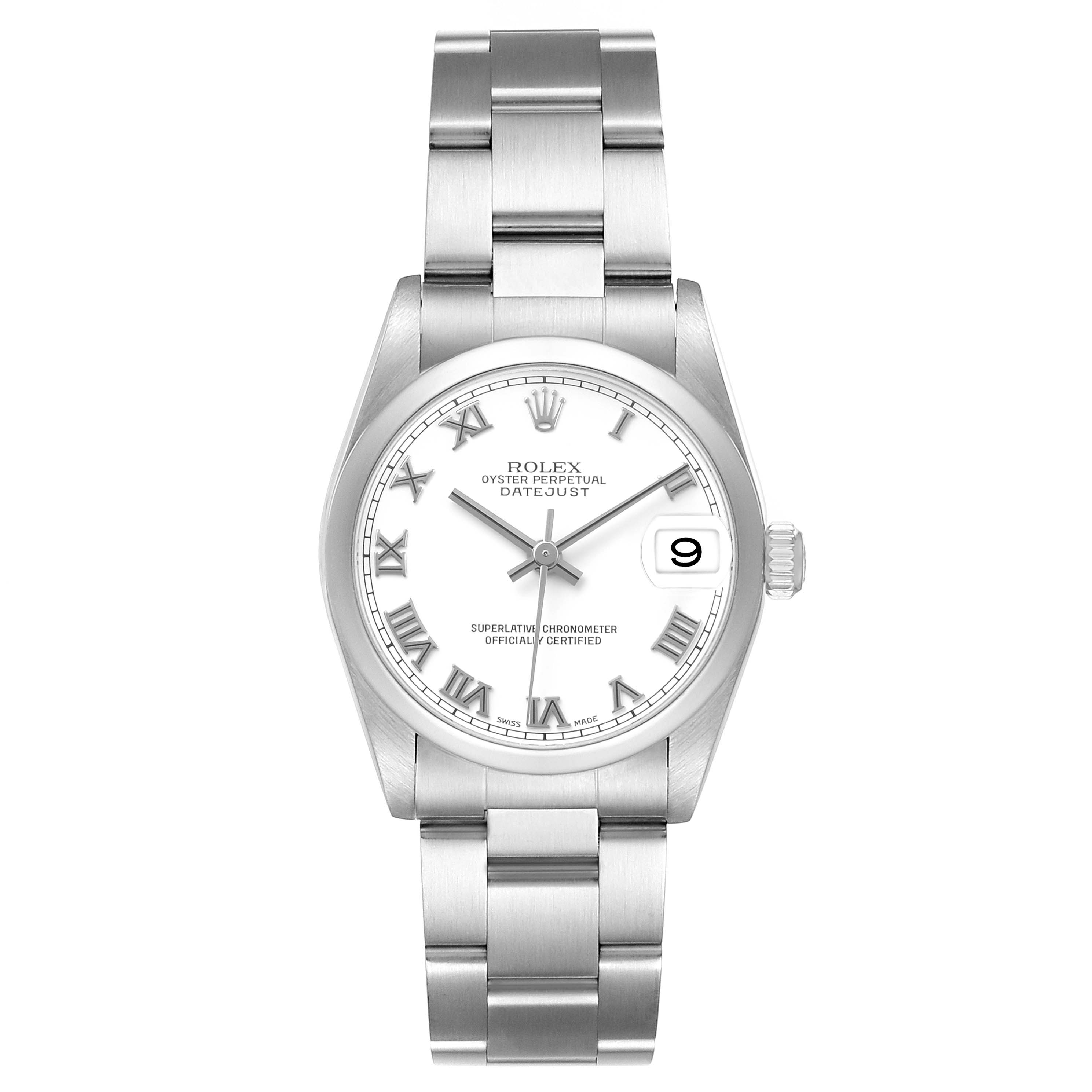 The Rolex Mid-Size 78240 Women's Stainless Steel White Dial watch is shown from the front, displaying its dial, case, bezel, bracelet, and crown.