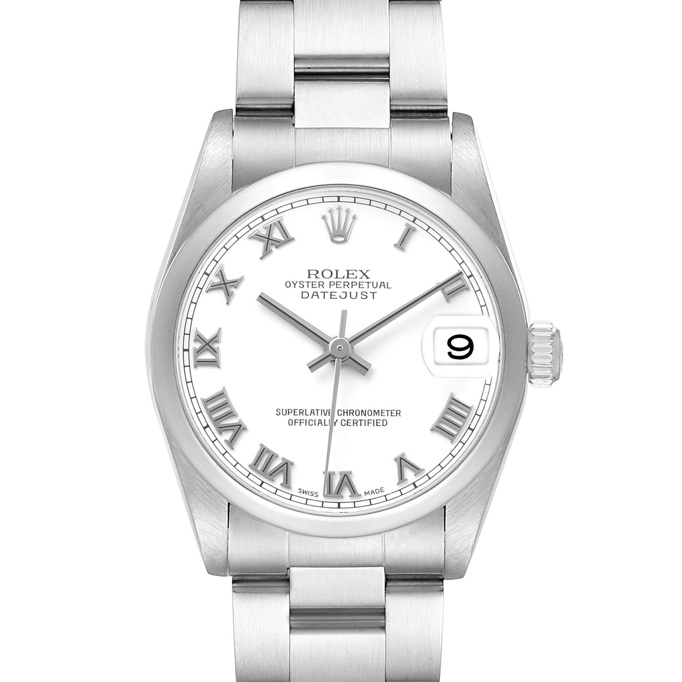 The Rolex Mid-Size 78240 Women's Stainless Steel White Dial model is shown in a front view, highlighting the dial, bezel, crown, and bracelet.