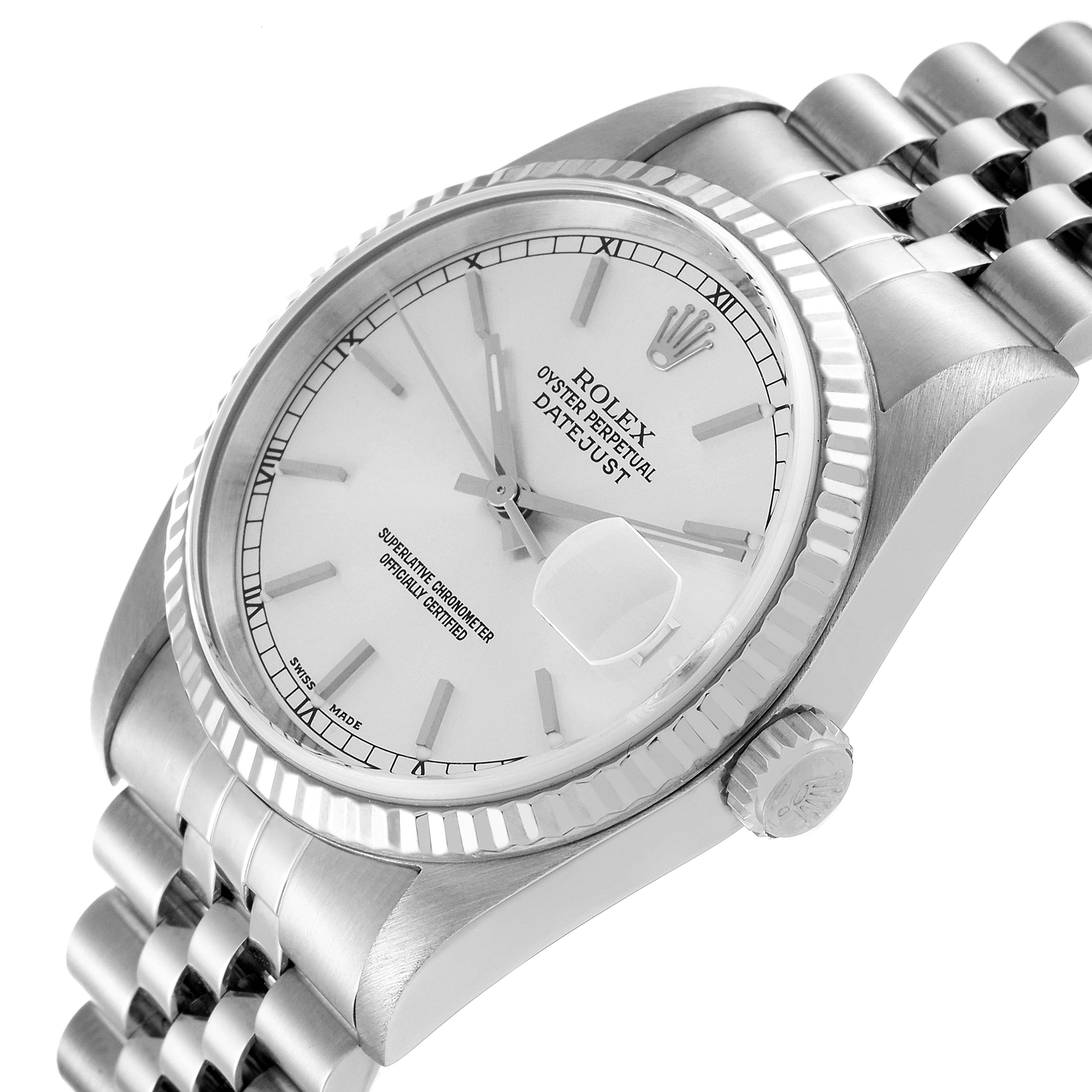 The image shows a close-up angled view of the Rolex Datejust 16234 Men's Stainless Steel Silver Dial 16234 Men's Stainless Steel Silver Dial watch, highlighting its bezel, dial, bracelet, and crown.