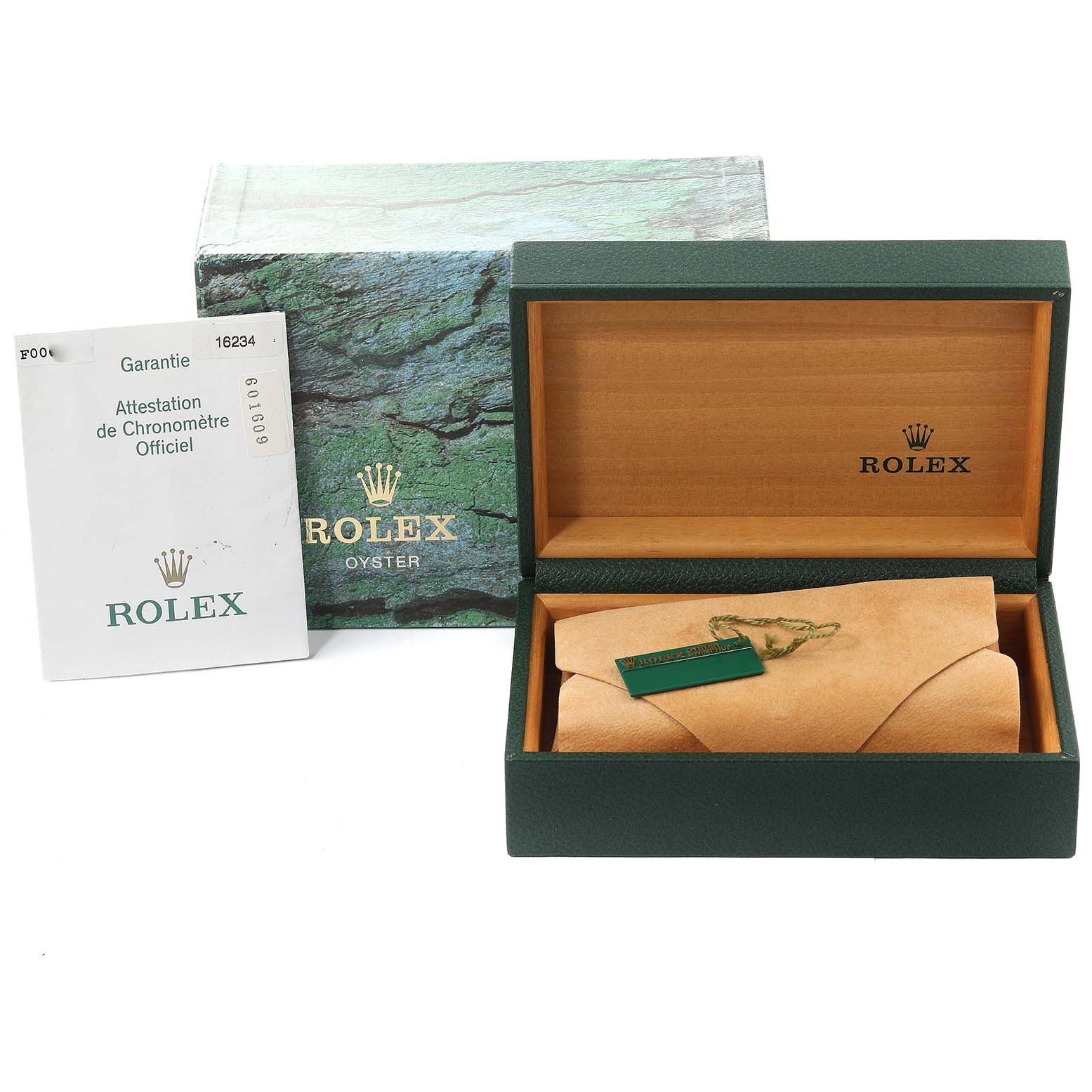 The image shows a Rolex Datejust 16234 Men's Stainless Steel Silver Dial 16234 Men's Stainless Steel Silver Dial box, warranty card, and a protective pouch.