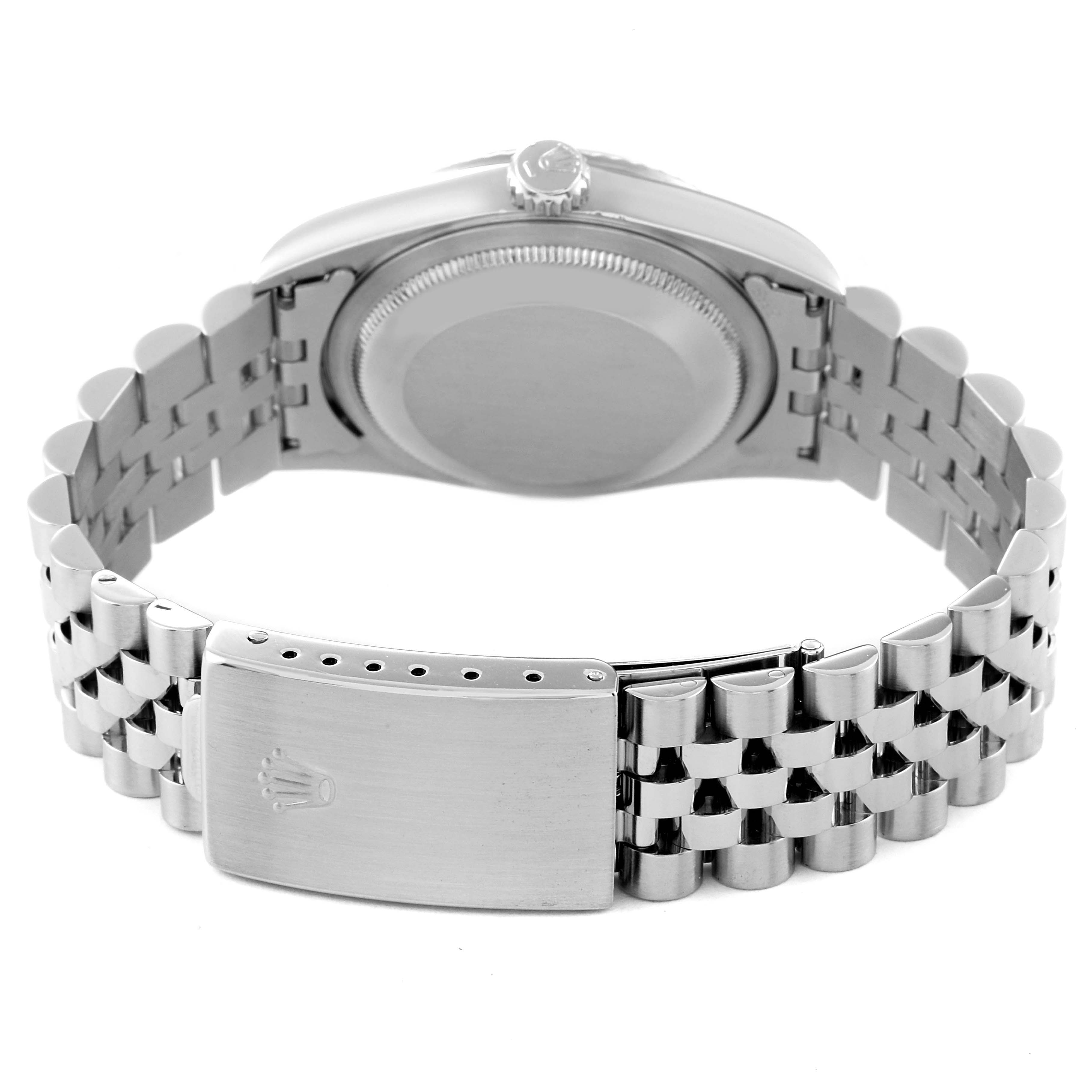 The image shows the back case, crown, and Jubilee bracelet with the clasp of a Rolex Datejust 16234 Men's Stainless Steel Silver Dial 16234 Men's Stainless Steel Silver Dial watch.