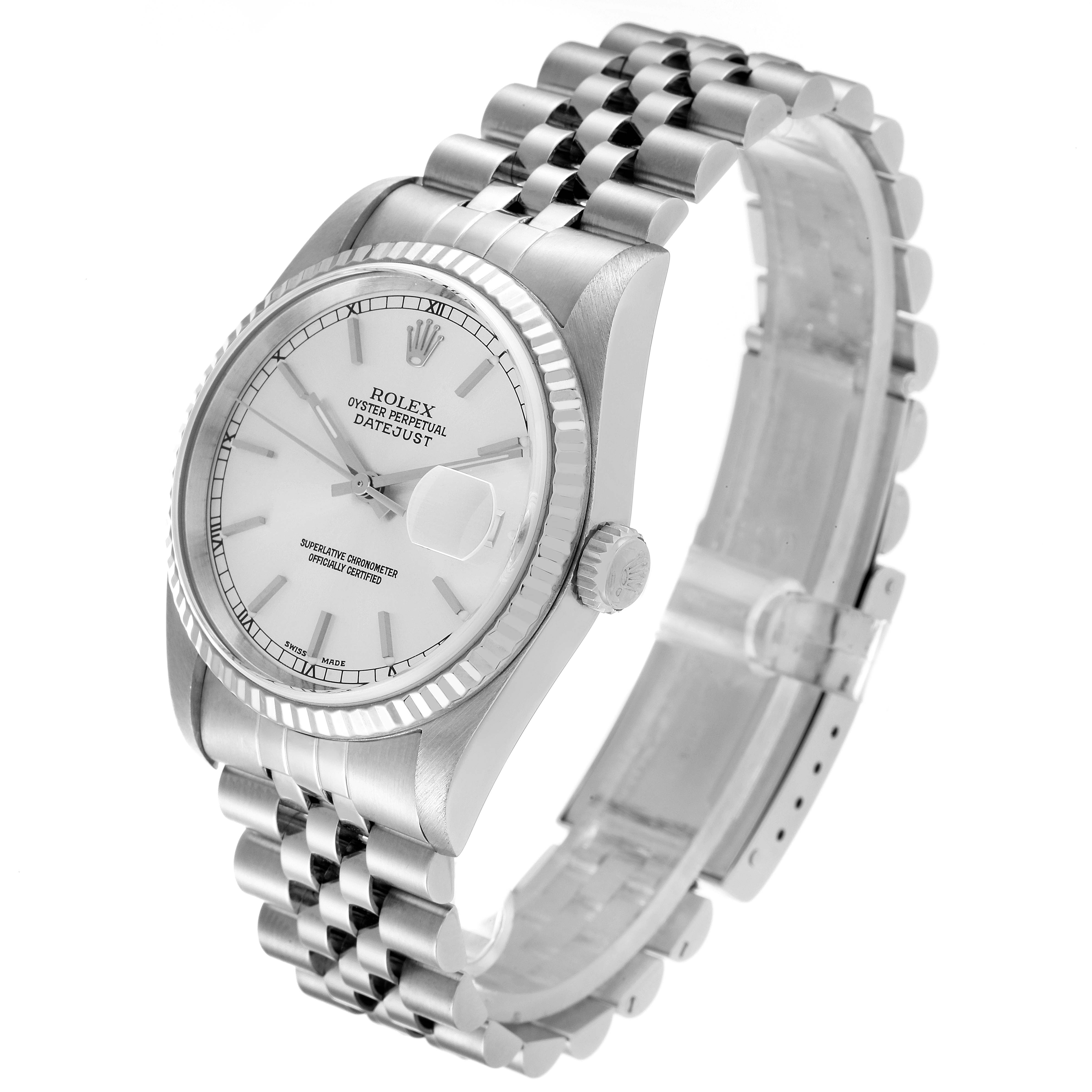 This image shows a Rolex Datejust 16234 Men's Stainless Steel Silver Dial 16234 Men's Stainless Steel Silver Dial watch at a three-quarter angle, highlighting its dial, bezel, bracelet, and crown.