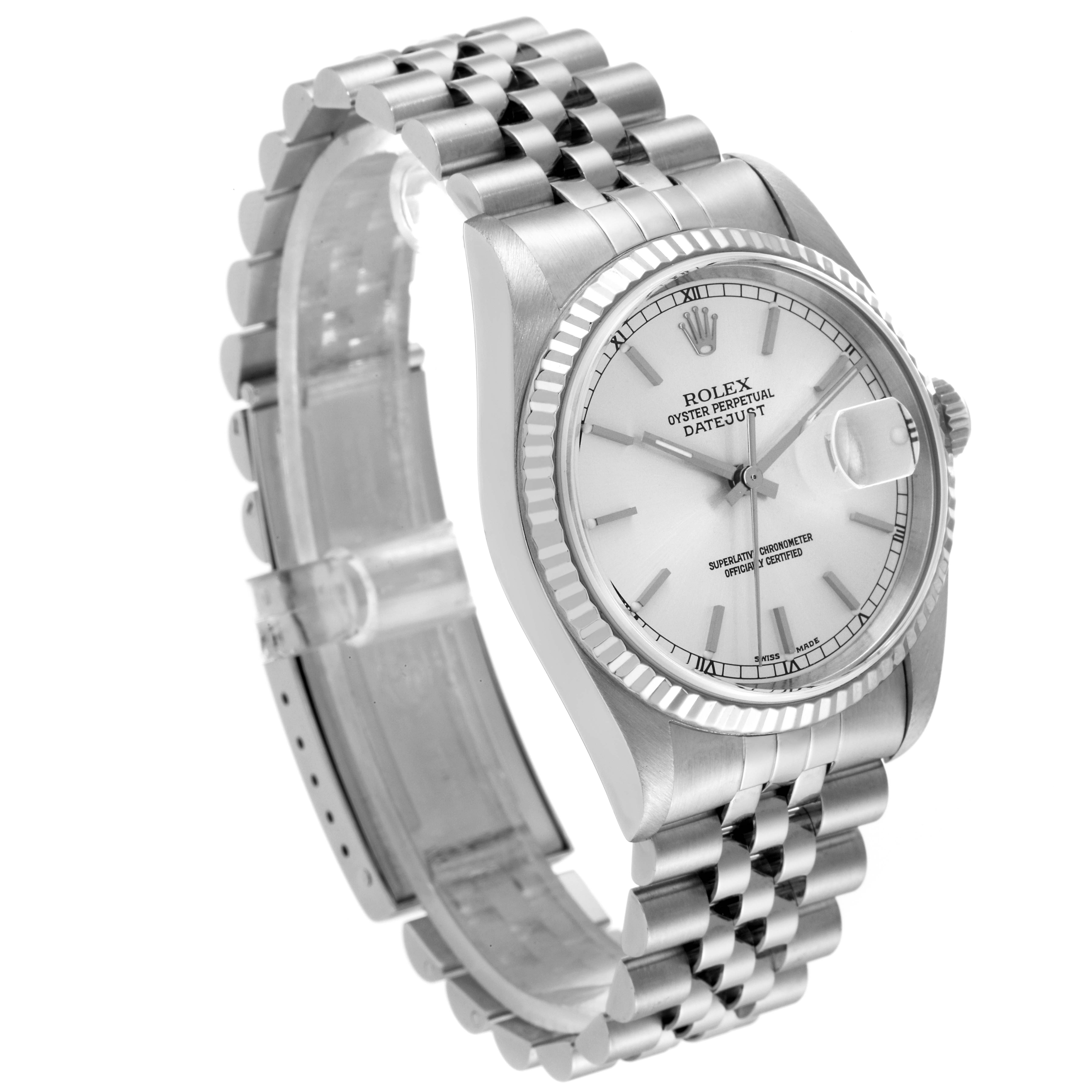 The image shows a Rolex Datejust 16234 Men's Stainless Steel Silver Dial 16234 Men's Stainless Steel Silver Dial watch from a slight side angle, highlighting its dial, bezel, and Jubilee bracelet.