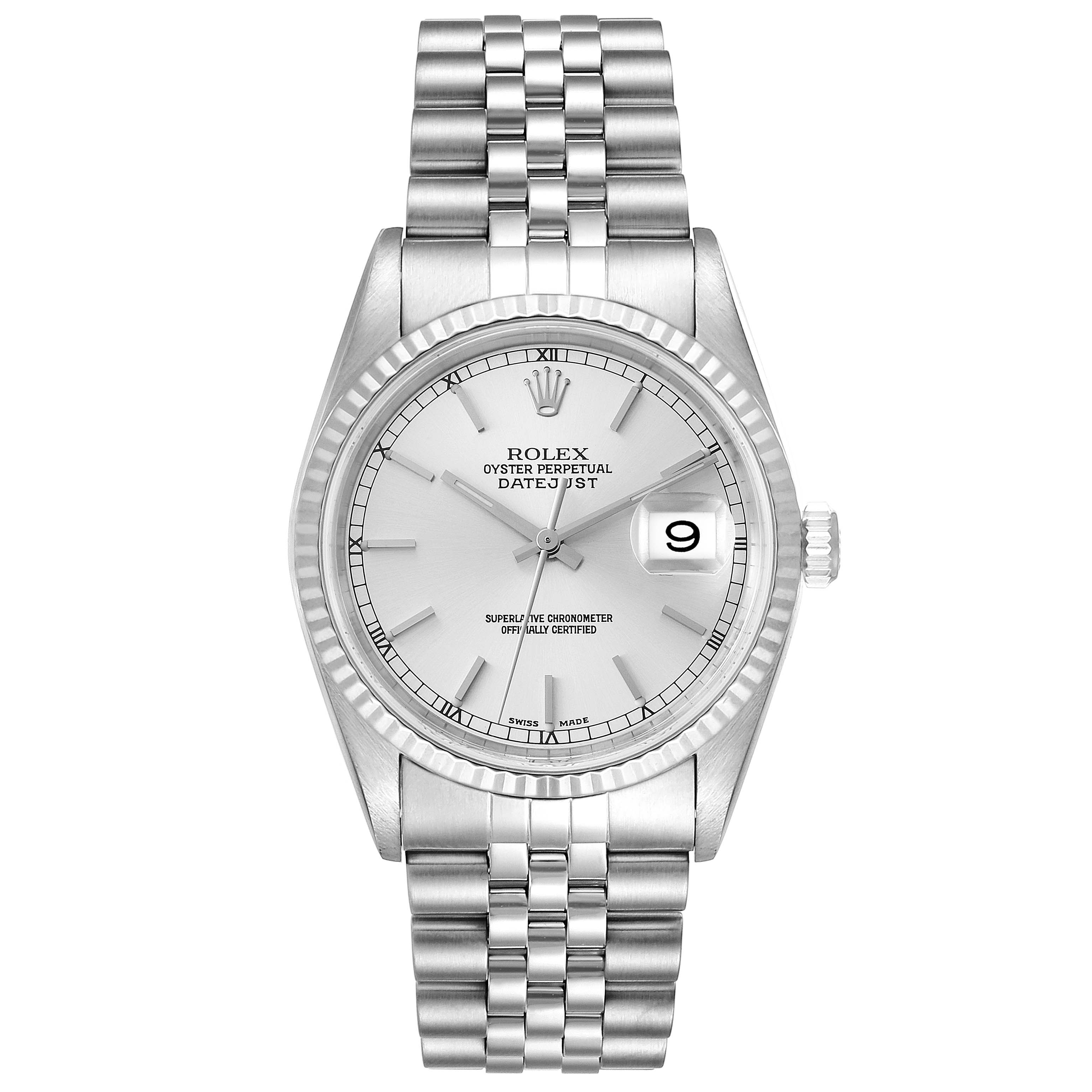This image shows a Rolex Datejust 16234 Men's Stainless Steel Silver Dial 16234 Men's Stainless Steel Silver Dial watch from a top-down angle, highlighting the dial, bezel, bracelet, and crown.