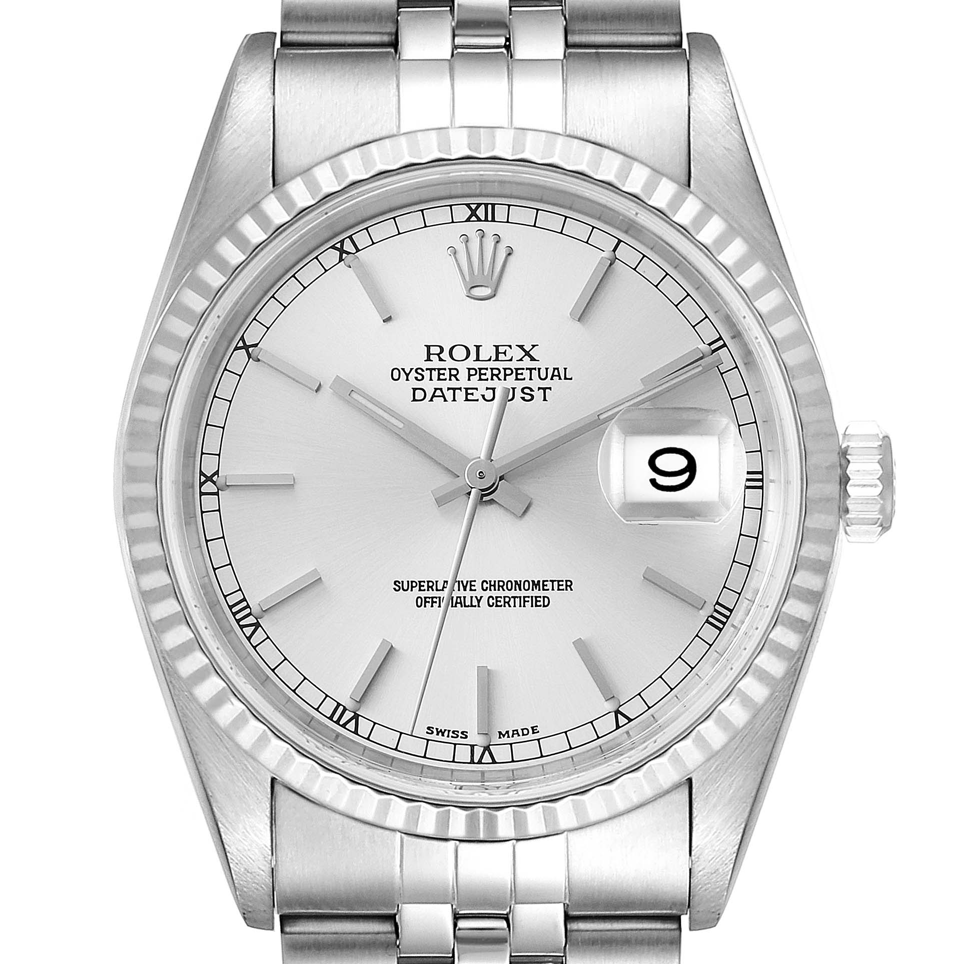 Front view of the Rolex Datejust 16234 Men's Stainless Steel Silver Dial 16234 Men's Stainless Steel Silver Dial watch, showing the face, dial, bezel, and part of the bracelet.