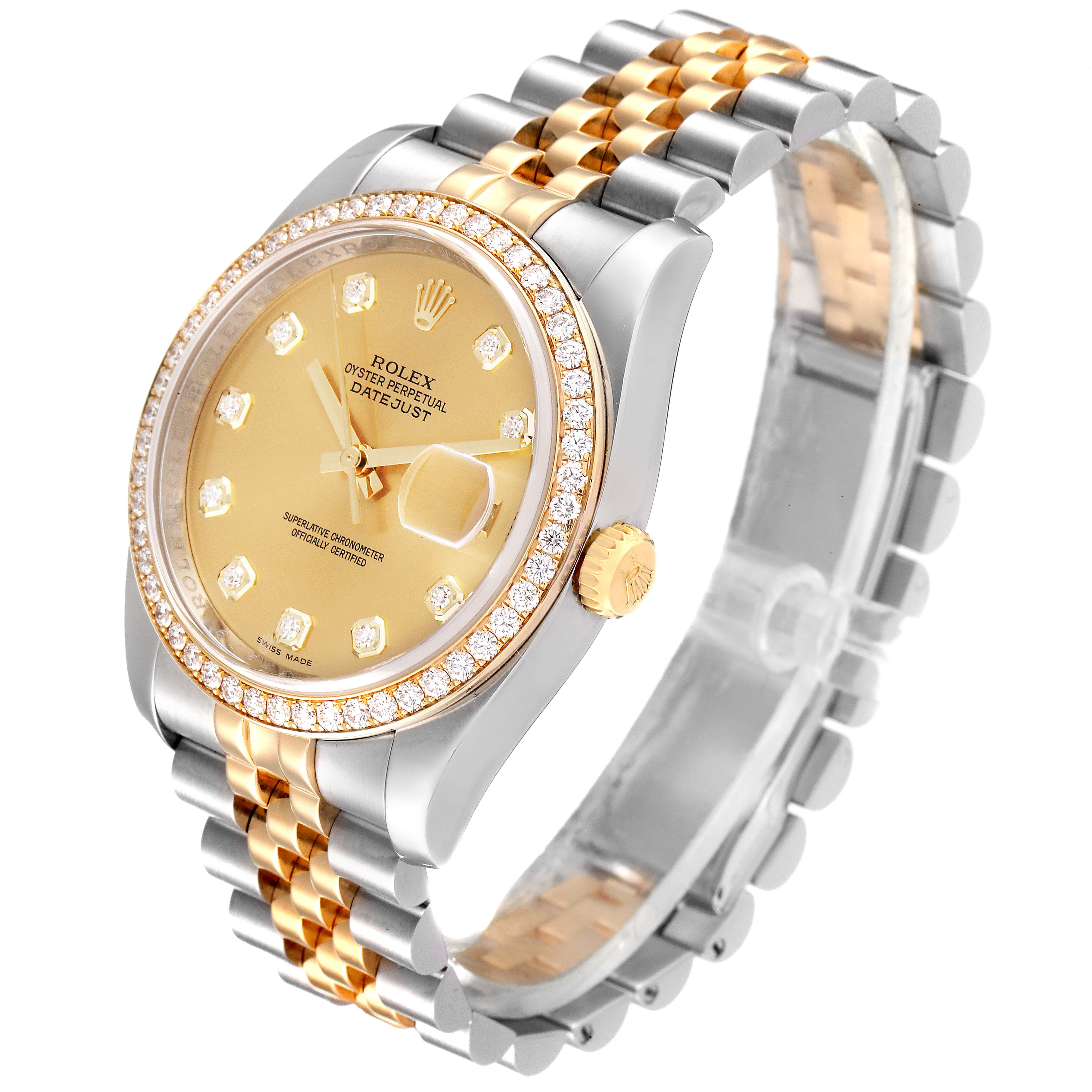 This image shows a side angle of a Rolex Datejust 116243 Men
s Steel and Gold (two tone) Champagne Dial 116243 Men
s Steel and Gold (two tone) Champagne Dial watch, displaying the dial, bezel, crown, and two-tone bracelet.