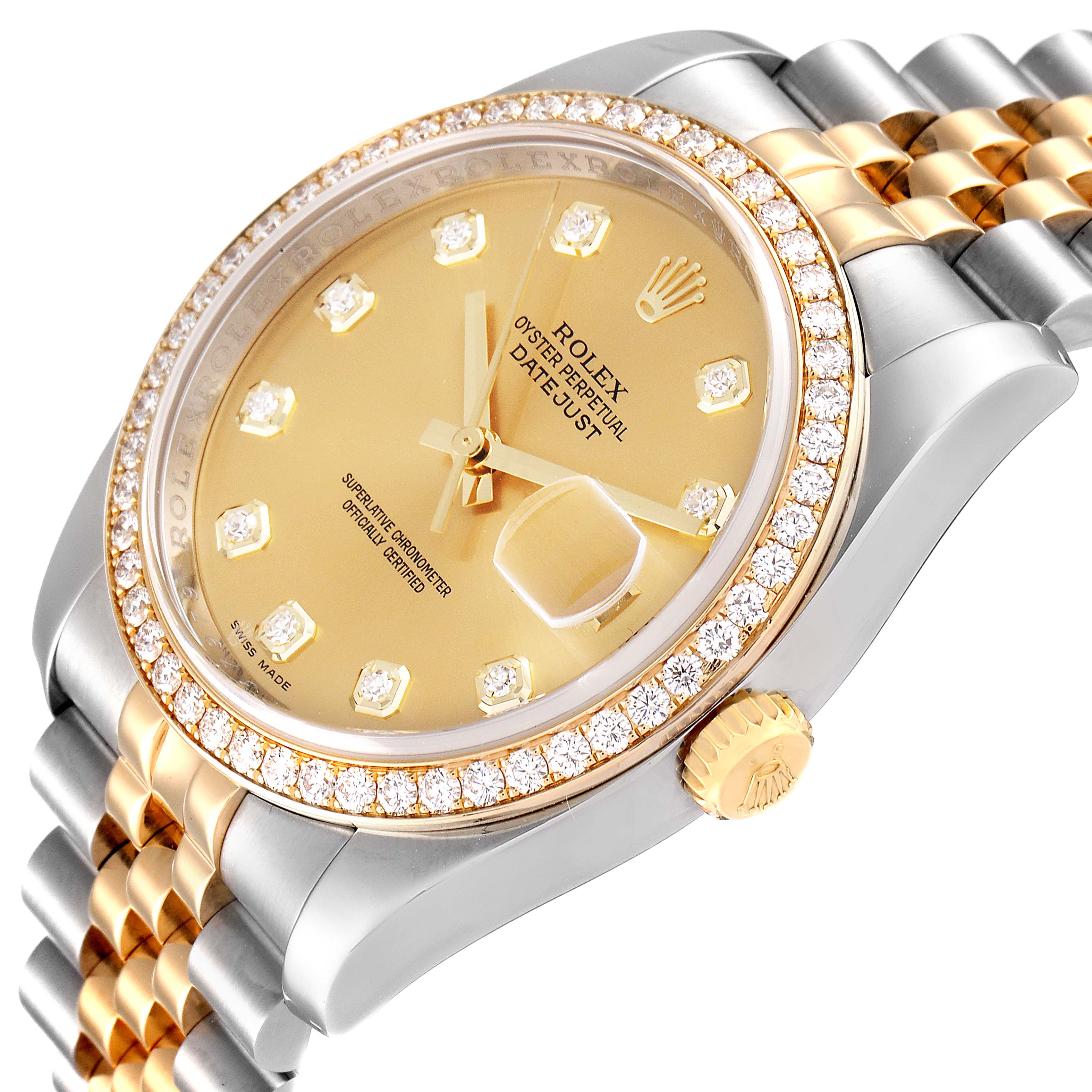 The Rolex Datejust 116243 Men
s Steel and Gold (two tone) Champagne Dial 116243 Men
s Steel and Gold (two tone) Champagne Dial watch is shown from a three-quarter angle, highlighting the face, bezel, crown, and bracelet.