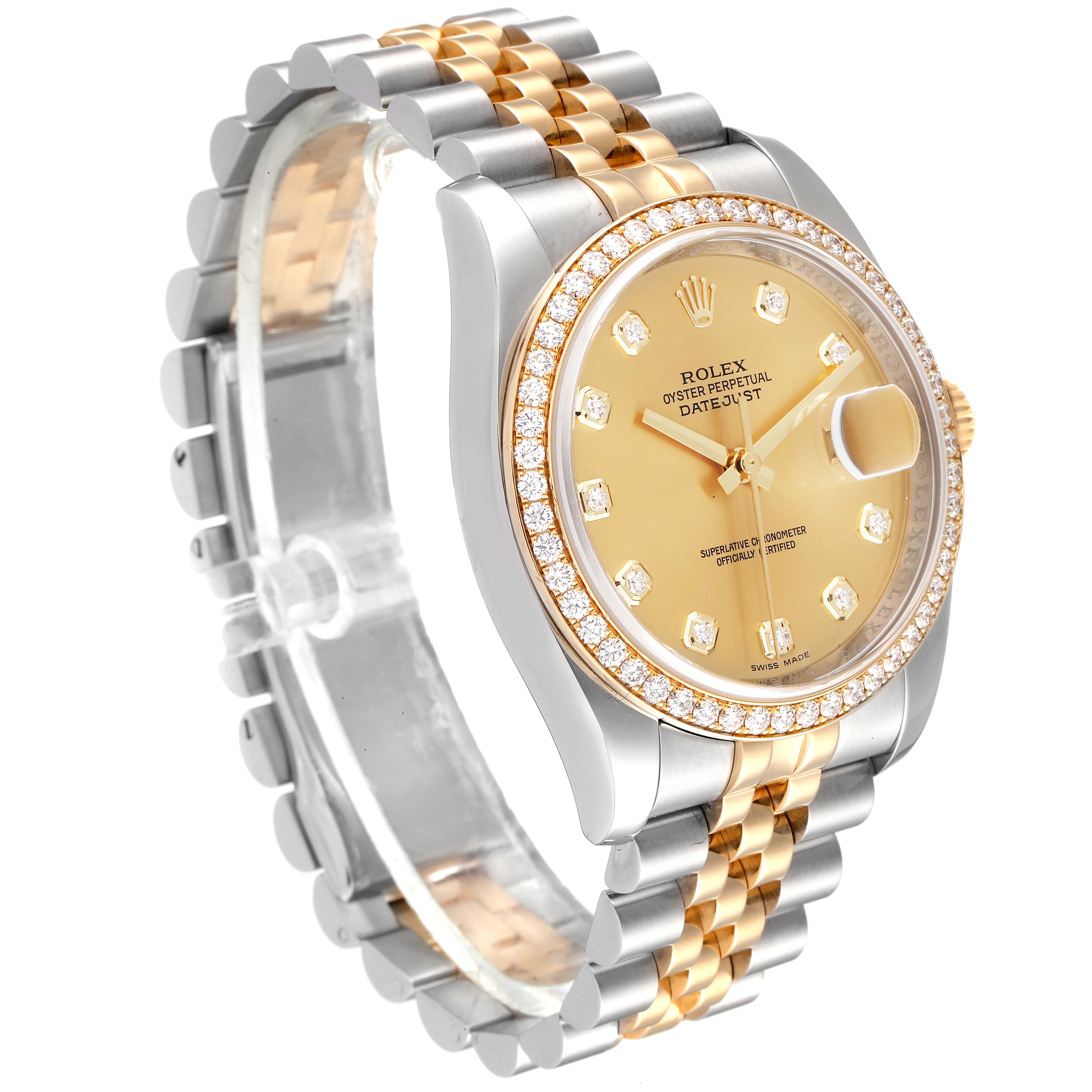 This image shows a Rolex Datejust 116243 Men
s Steel and Gold (two tone) Champagne Dial 116243 Men
s Steel and Gold (two tone) Champagne Dial watch at an angled side view, highlighting the gold dial, diamond bezel, and two-tone bracelet.