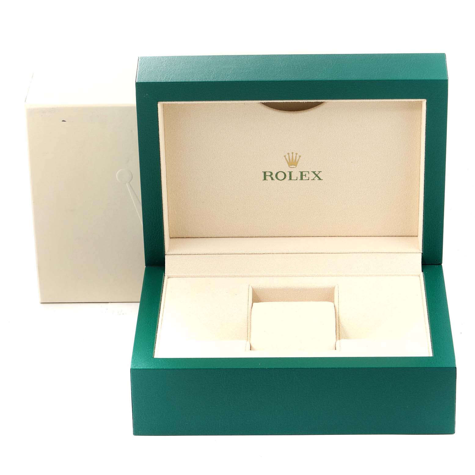 This image shows an empty green and beige case for a Rolex Datejust 116243 Men
s Steel and Gold (two tone) Champagne Dial 116243 Men
s Steel and Gold (two tone) Champagne Dial watch, with the lid open.