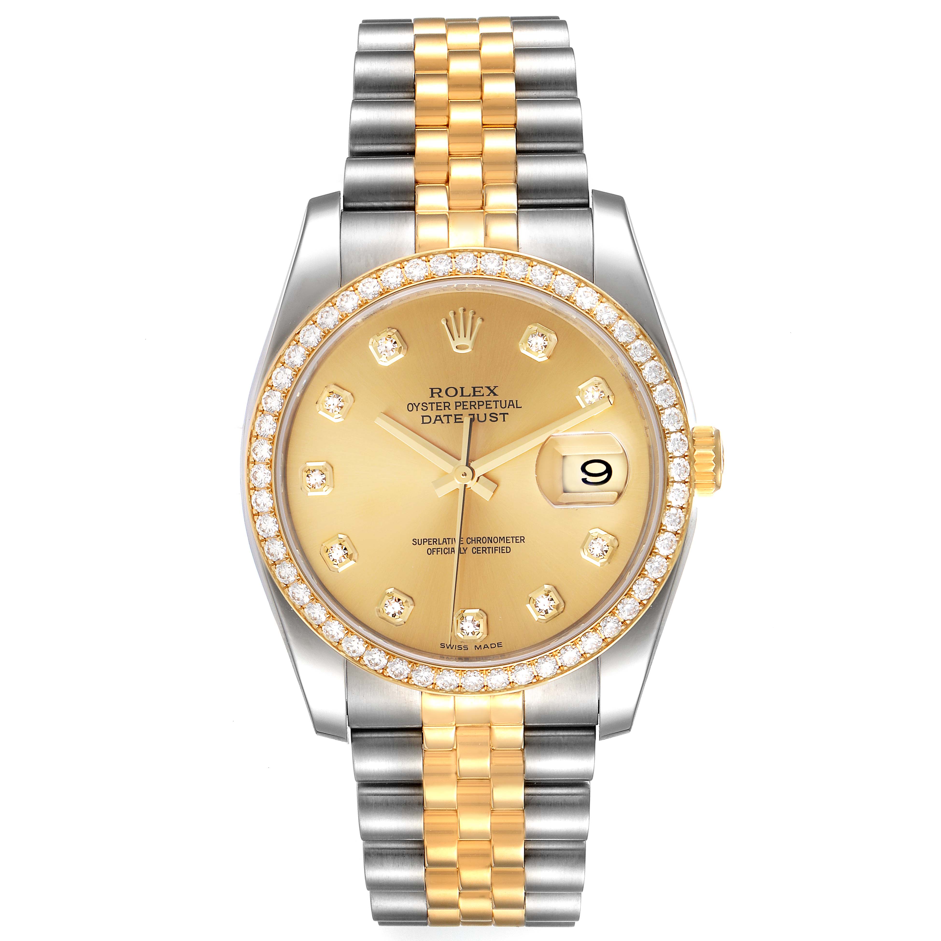 The image shows a Rolex Datejust 116243 Men
s Steel and Gold (two tone) Champagne Dial 116243 Men
s Steel and Gold (two tone) Champagne Dial watch, featuring the dial, bezel, bracelet, crown, and date window.