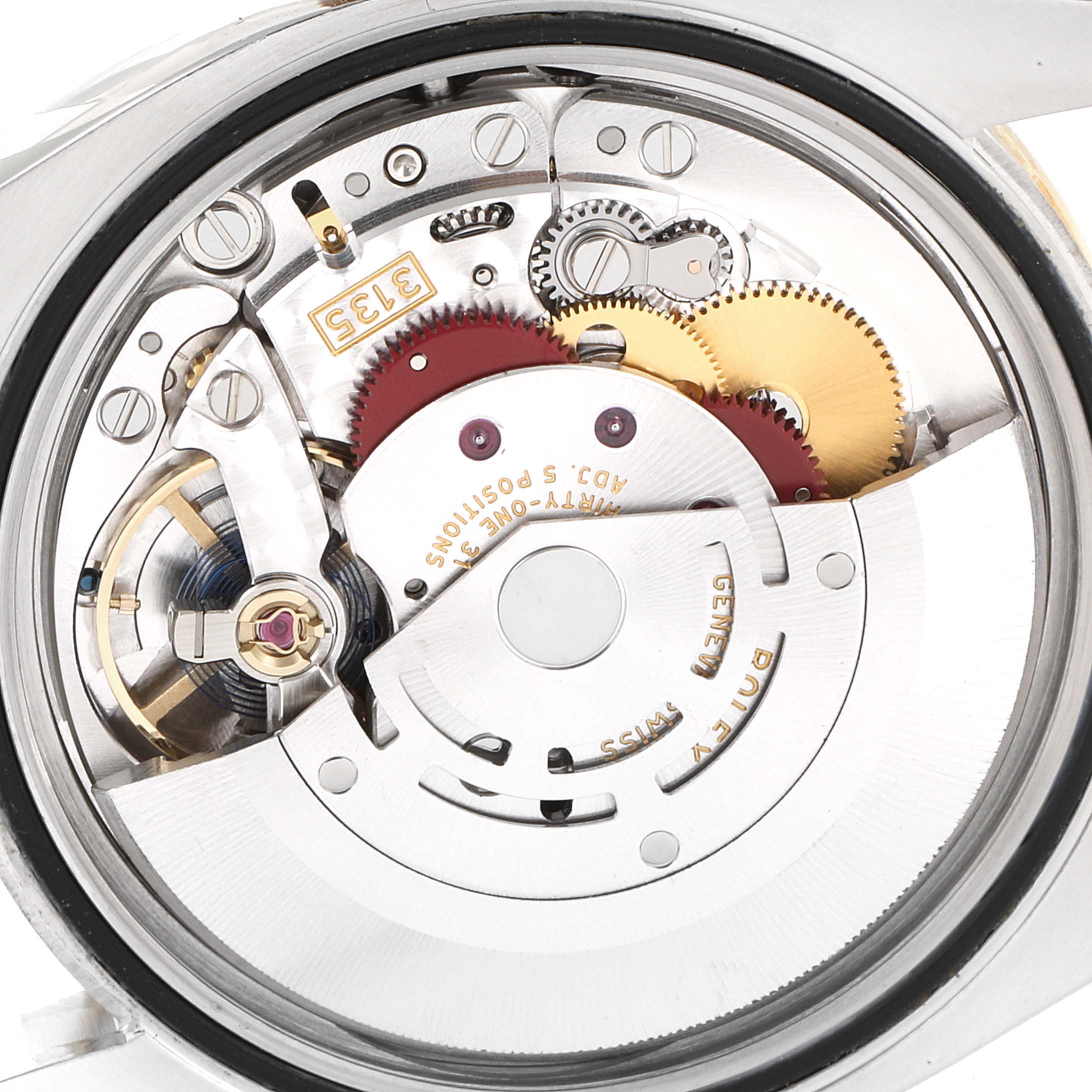 This image shows the intricate internal mechanism of a Rolex Datejust 116243 Men
s Steel and Gold (two tone) Champagne Dial 116243 Men
s Steel and Gold (two tone) Champagne Dial watch, viewed from the back.