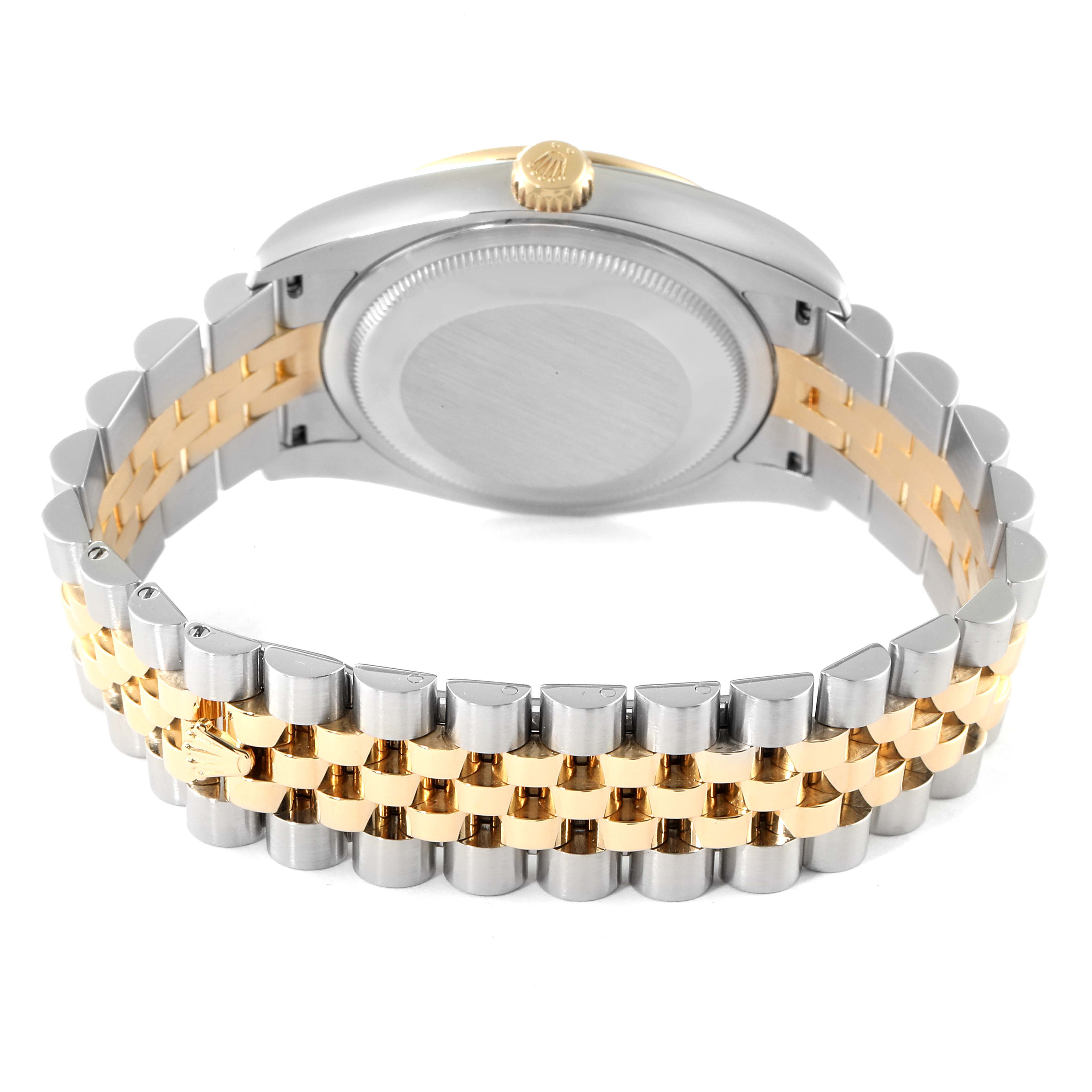 The image shows the back view of a Rolex Datejust 116243 Men
s Steel and Gold (two tone) Champagne Dial 116243 Men
s Steel and Gold (two tone) Champagne Dial watch, highlighting its stainless steel and gold Jubilee bracelet.