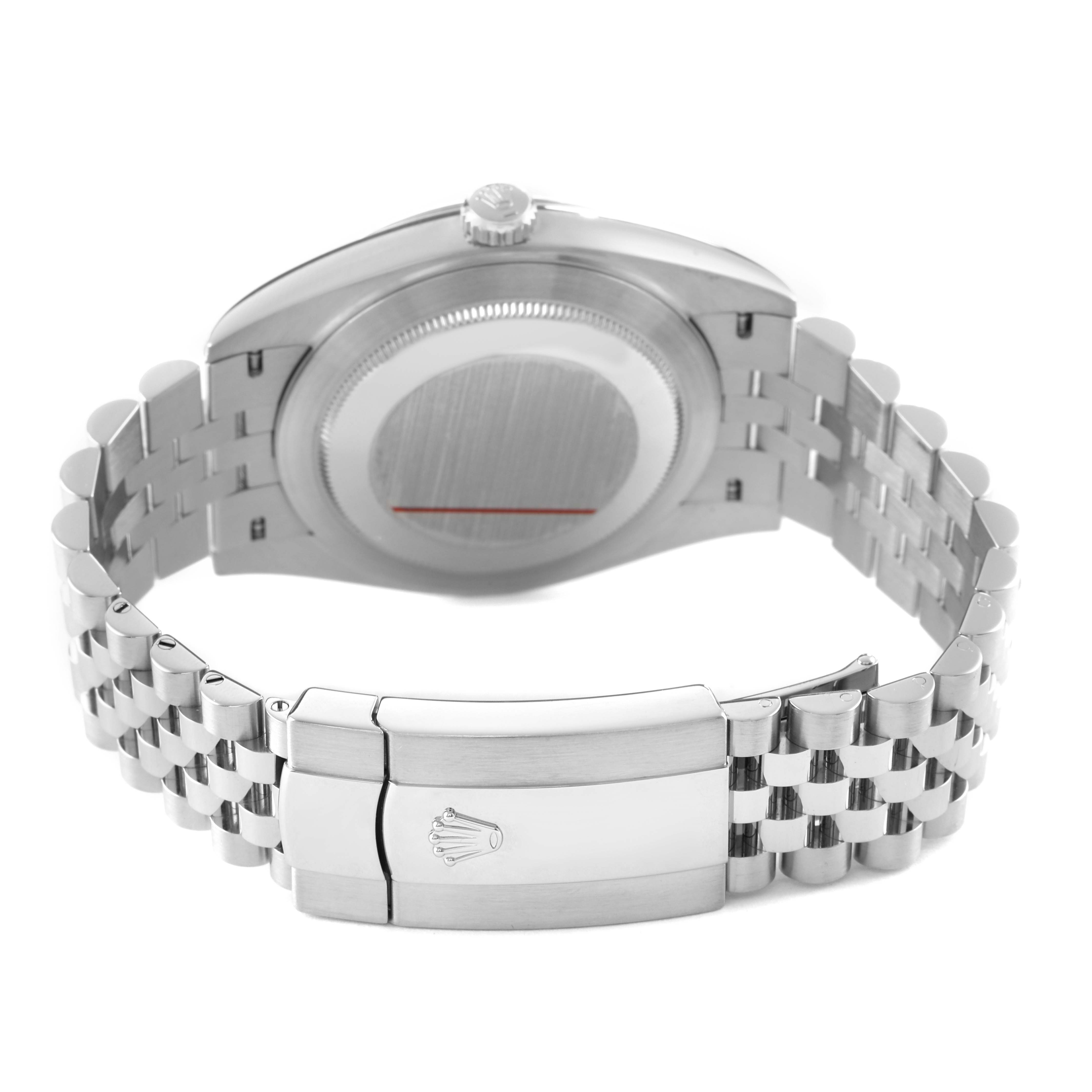 The image shows the back view of a Rolex Datejust 41 126334 Men's Stainless Steel Mother of Pearl Dial, featuring the case back, bracelet, and clasp.