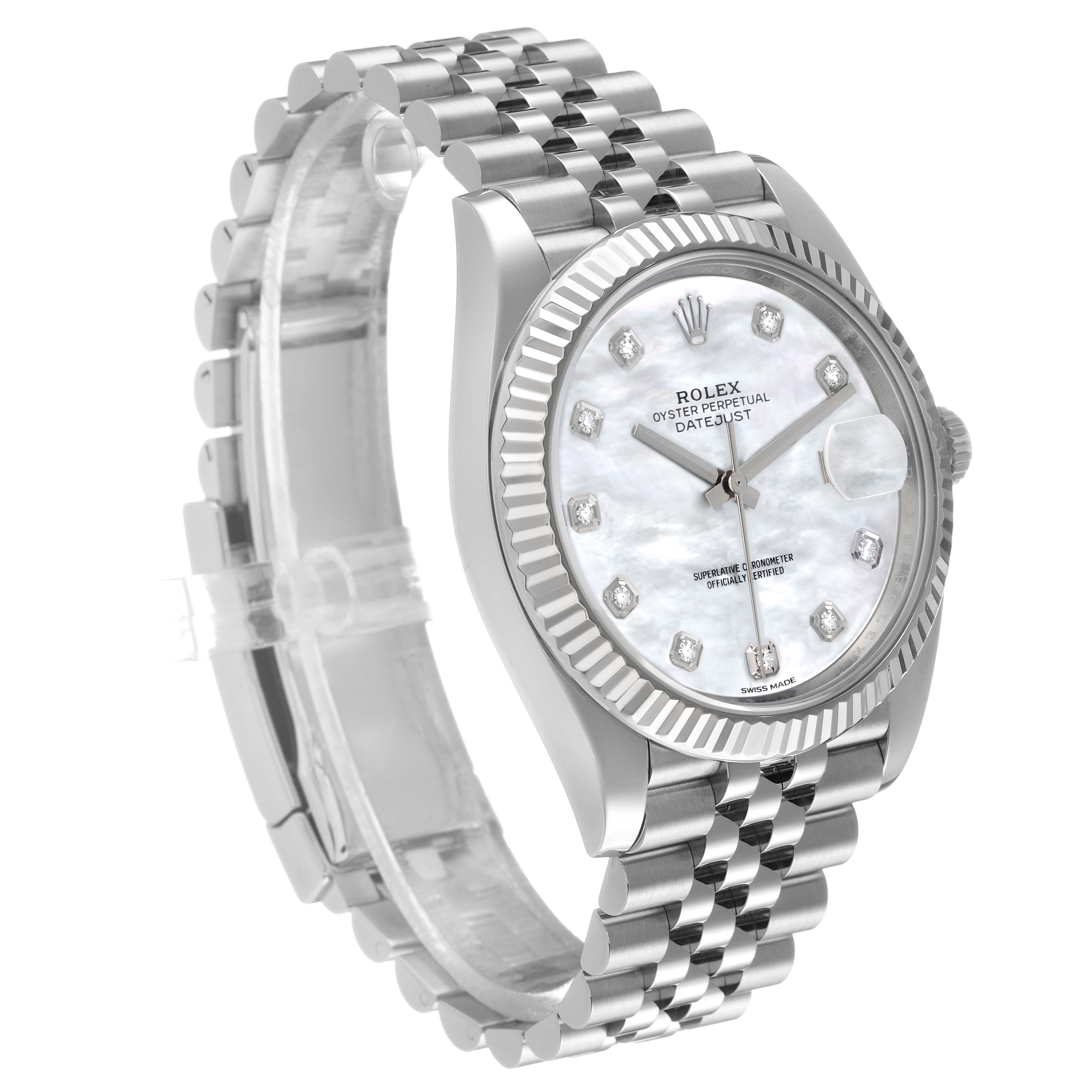 The Rolex Datejust 41 126334 Men's Stainless Steel Mother of Pearl Dial is shown at a three-quarter angle, highlighting the mother-of-pearl dial, fluted bezel, and Jubilee bracelet.