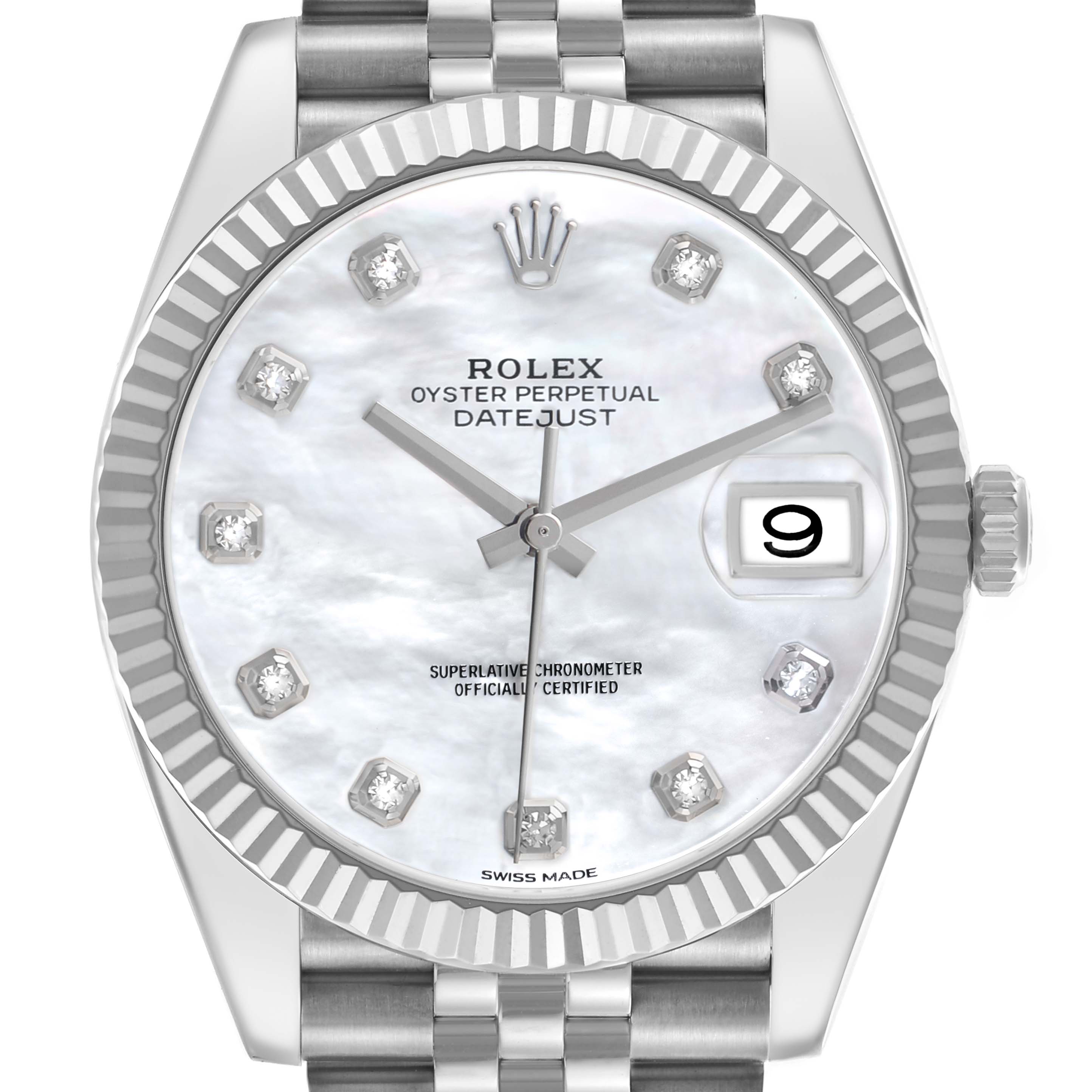 The Rolex Datejust 41 126334 Men's Stainless Steel Mother of Pearl Dial watch is shown from a top-down view, displaying the dial, bezel, and part of the bracelet.