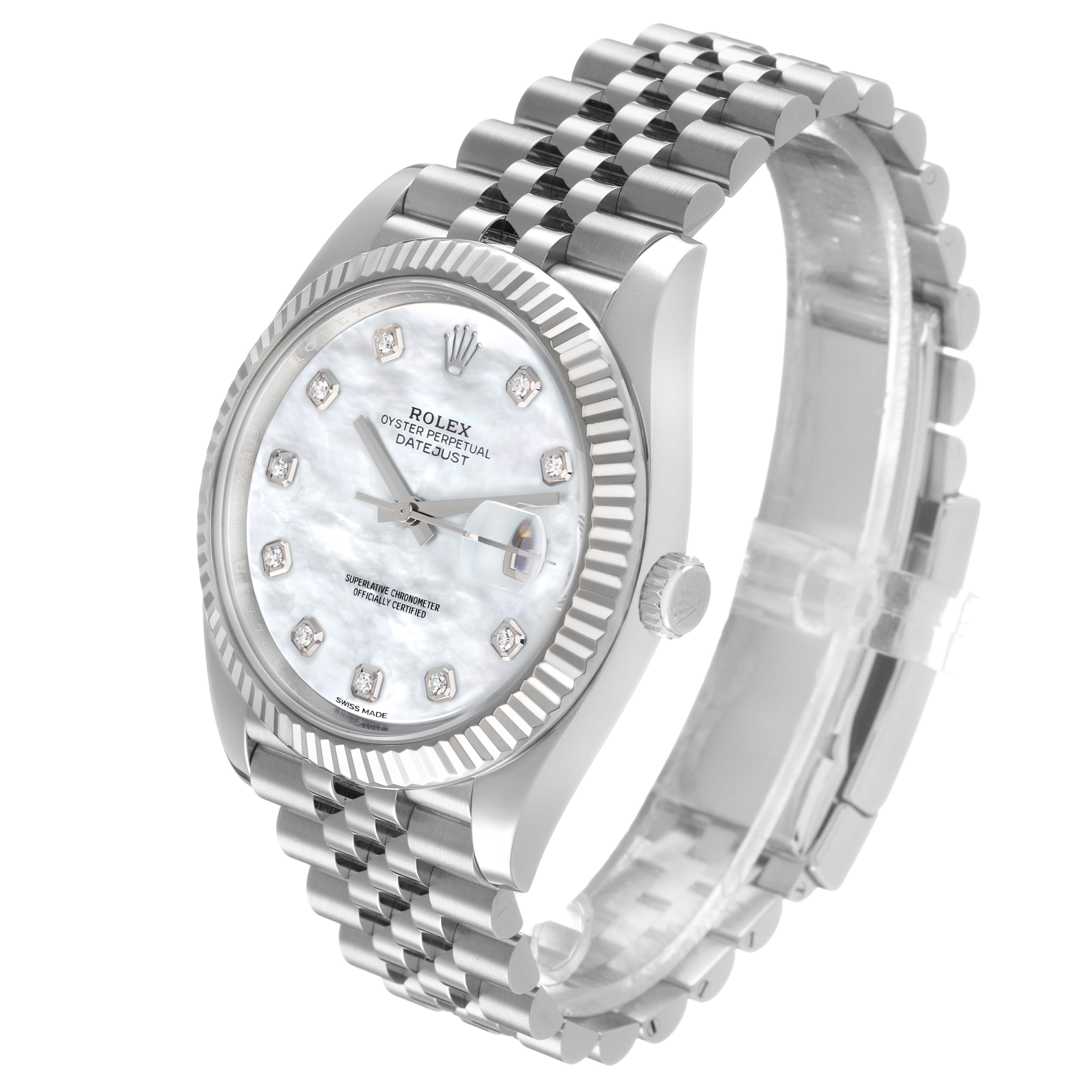 The Rolex Datejust 41 126334 Men's Stainless Steel Mother of Pearl Dial watch is shown at a three-quarter angle, highlighting its dial, fluted bezel, and Jubilee bracelet.
