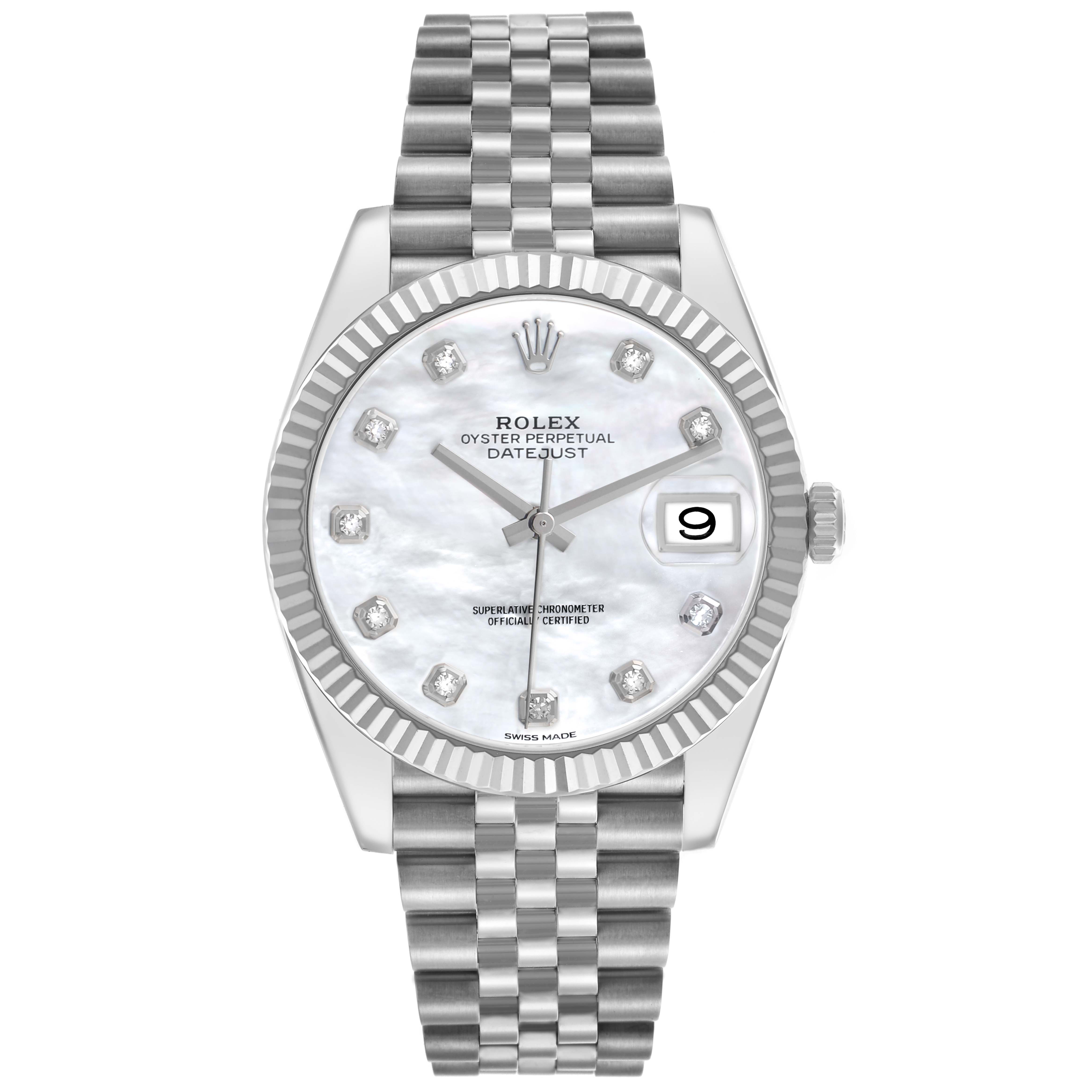 The Rolex Datejust 41 126334 Men's Stainless Steel Mother of Pearl Dial watch is shown from a front angle, highlighting the dial, hands, bezel, and bracelet.
