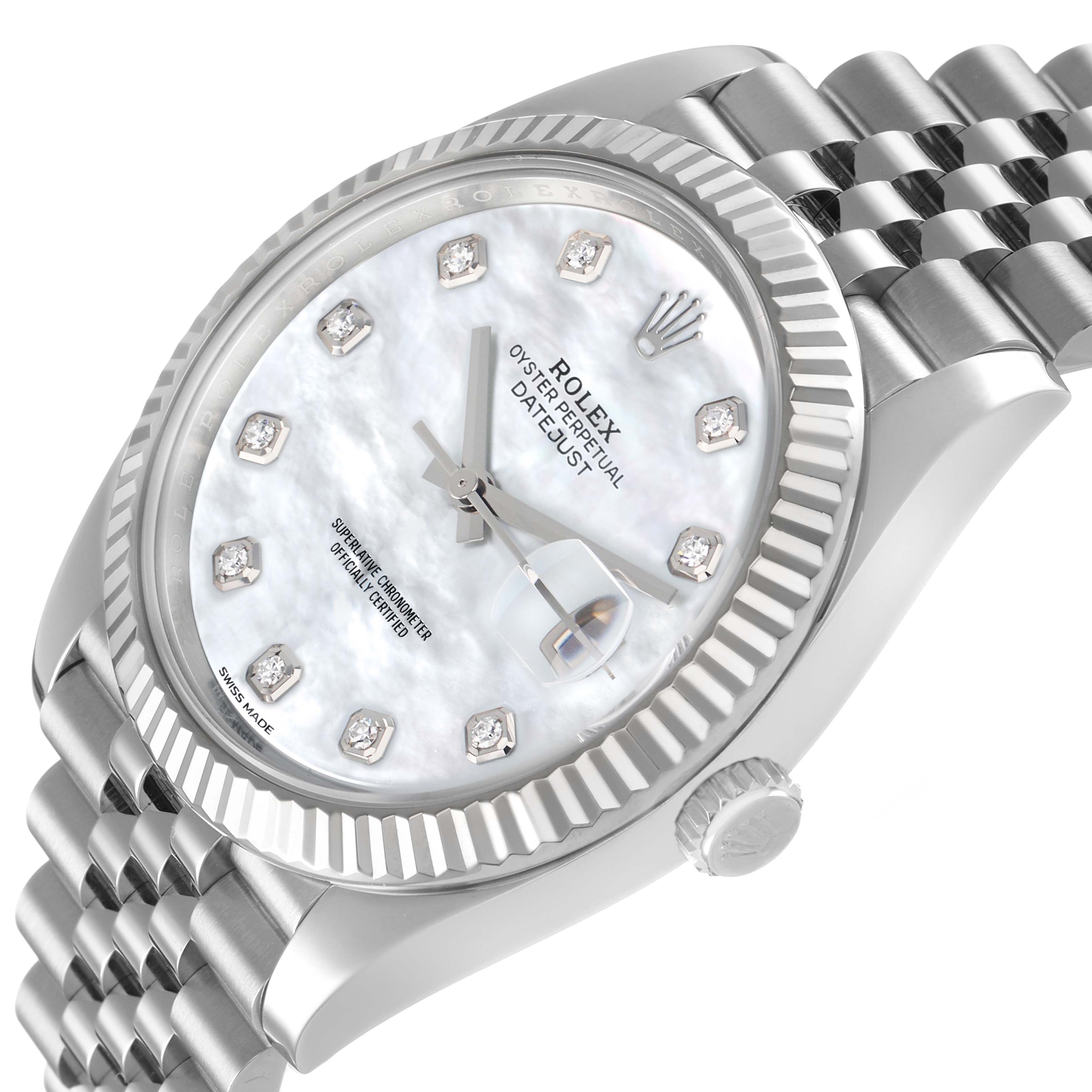 The Rolex Datejust 41 126334 Men's Stainless Steel Mother of Pearl Dial is shown in a tilted angle, highlighting the dial, bezel, crown, and bracelet links.