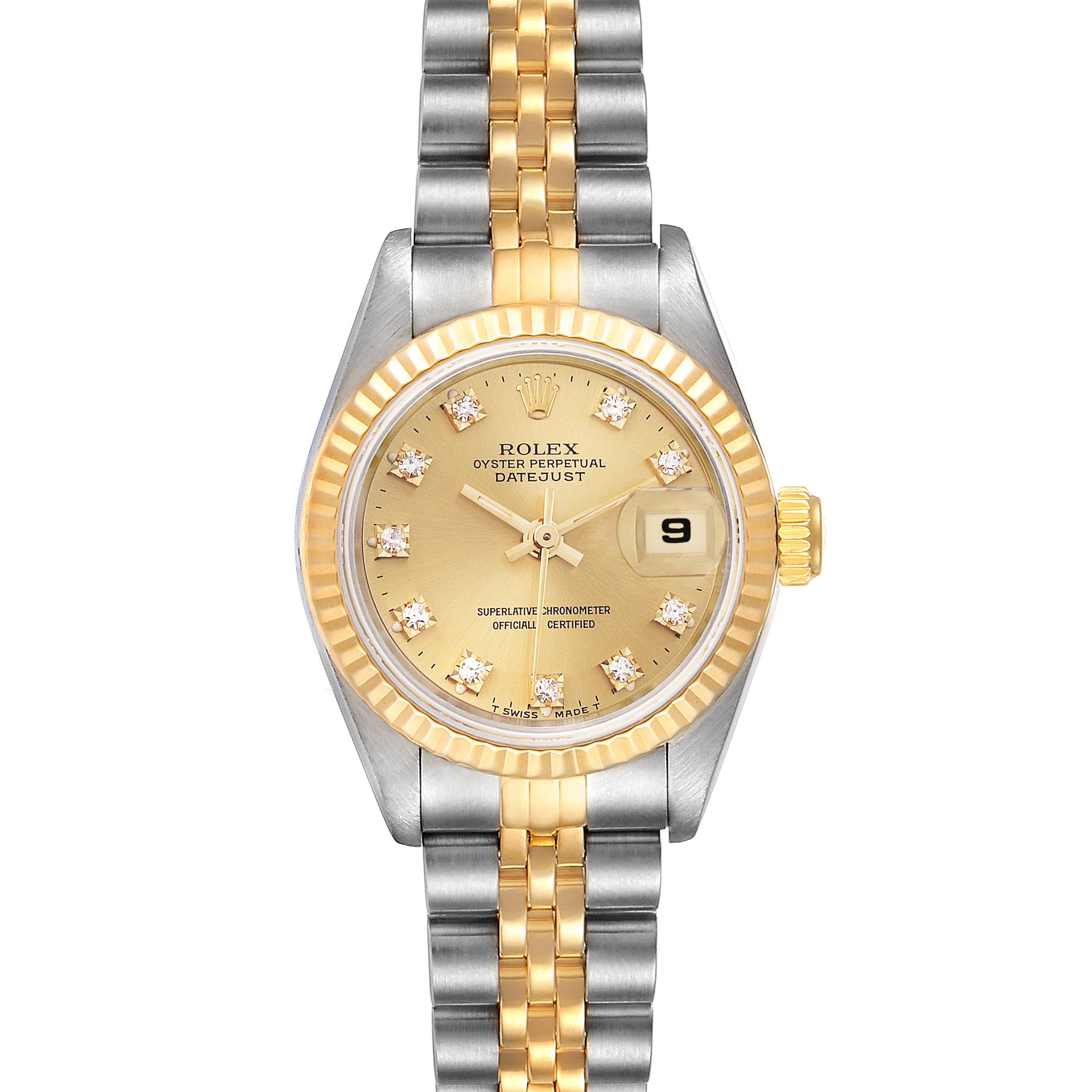 The image shows a frontal view of a Rolex Datejust 69173 Women's Steel and Gold (two tone) Champagne Dial 69173 Women's Steel and Gold (two tone) Champagne Dial watch, displaying its dial, bezel, and bracelet.