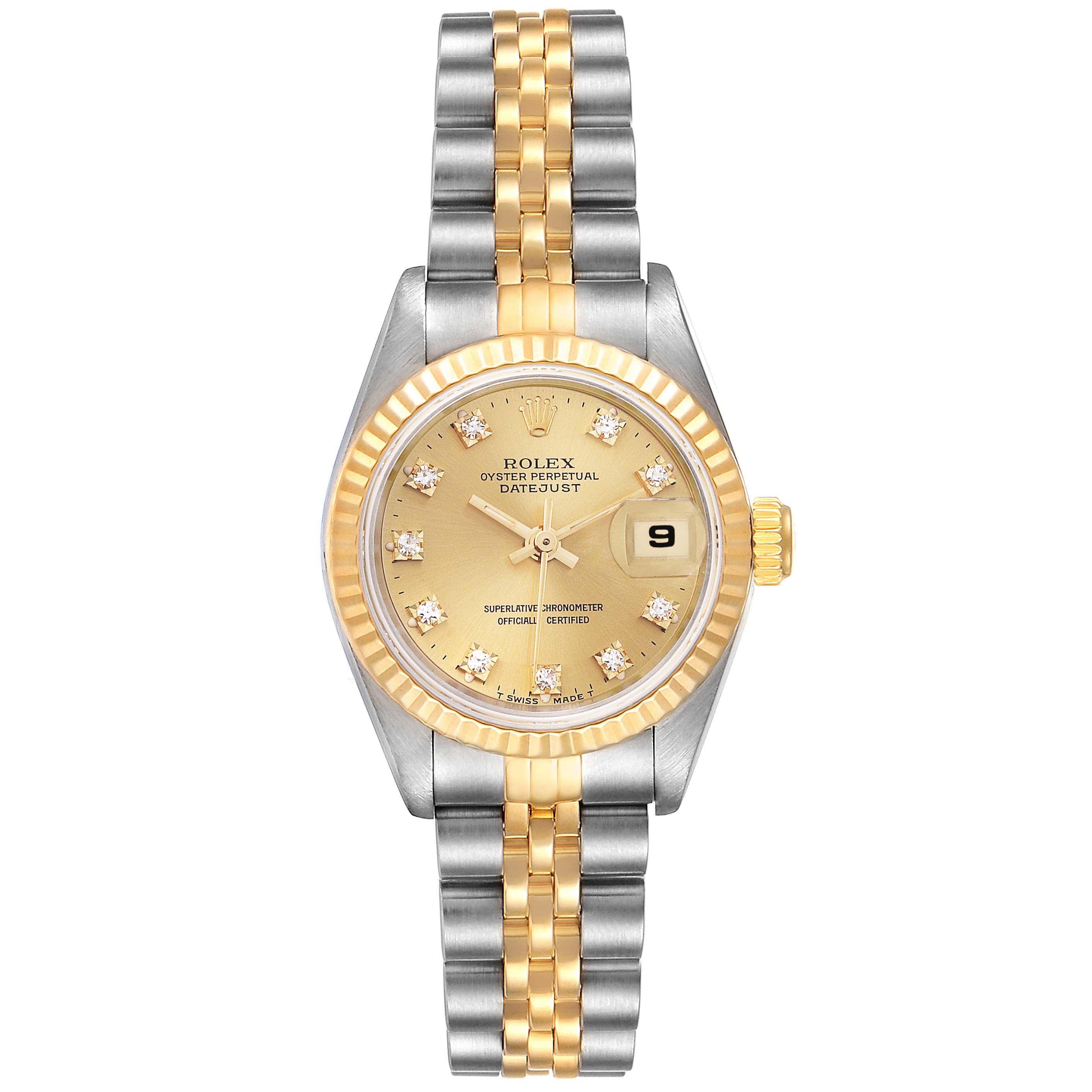 The Rolex Datejust 69173 Women's Steel and Gold (two tone) Champagne Dial 69173 Women's Steel and Gold (two tone) Champagne Dial watch is shown from a top view, highlighting its face, bezel, crown, and two-tone bracelet.