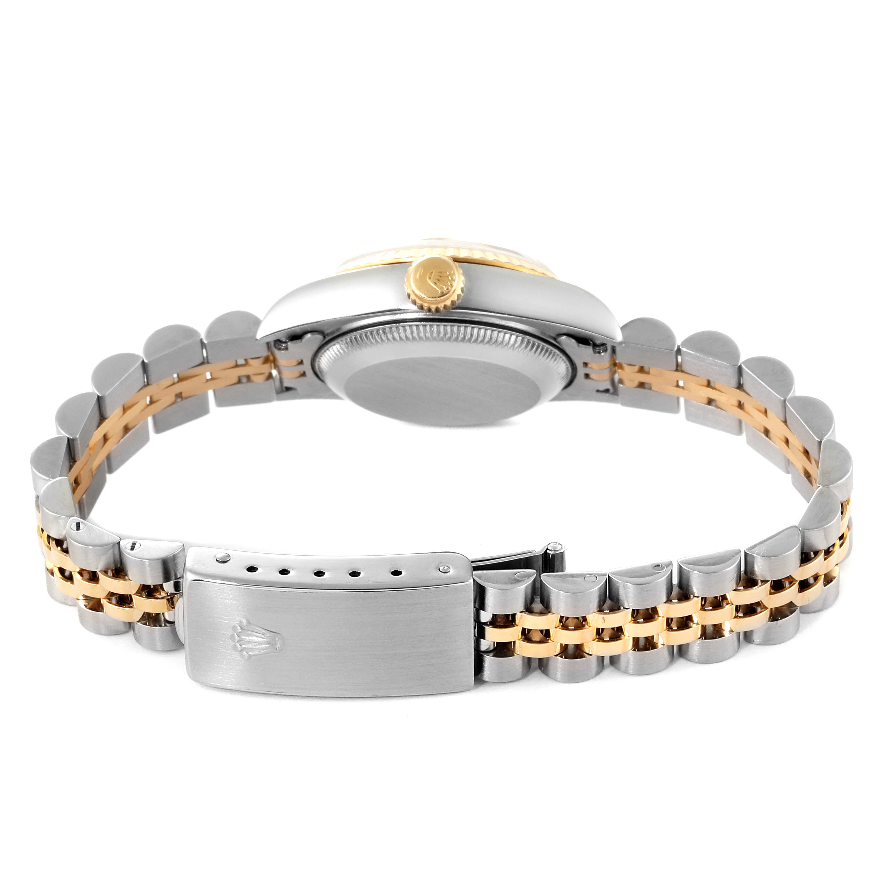 This image shows the back and side of the Rolex Datejust 69173 Women's Steel and Gold (two tone) Champagne Dial 69173 Women's Steel and Gold (two tone) Champagne Dial watch, highlighting the bracelet and clasp.