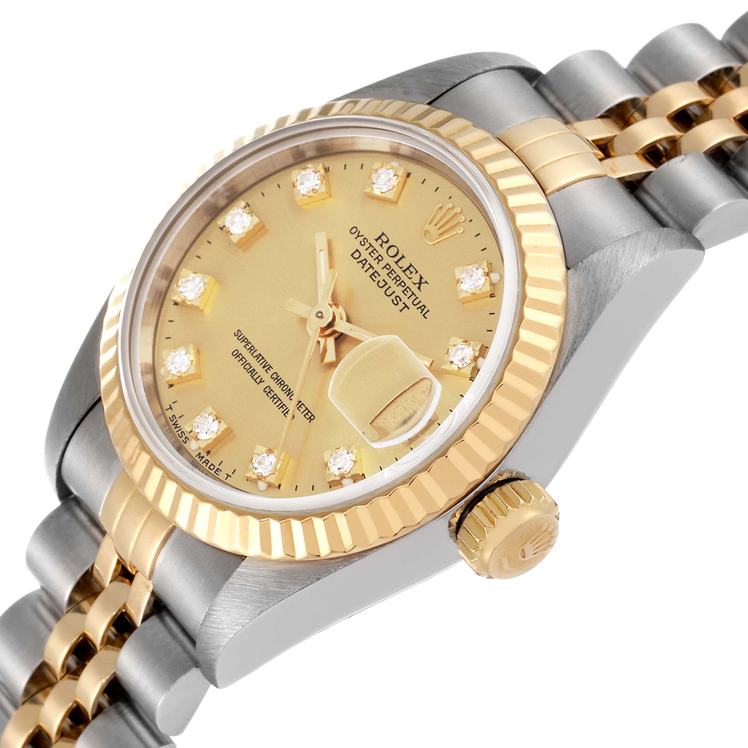 The image shows a Rolex Datejust 69173 Women's Steel and Gold (two tone) Champagne Dial 69173 Women's Steel and Gold (two tone) Champagne Dial watch at an angled view, highlighting the dial, fluted bezel, crown, and Jubilee bracelet.