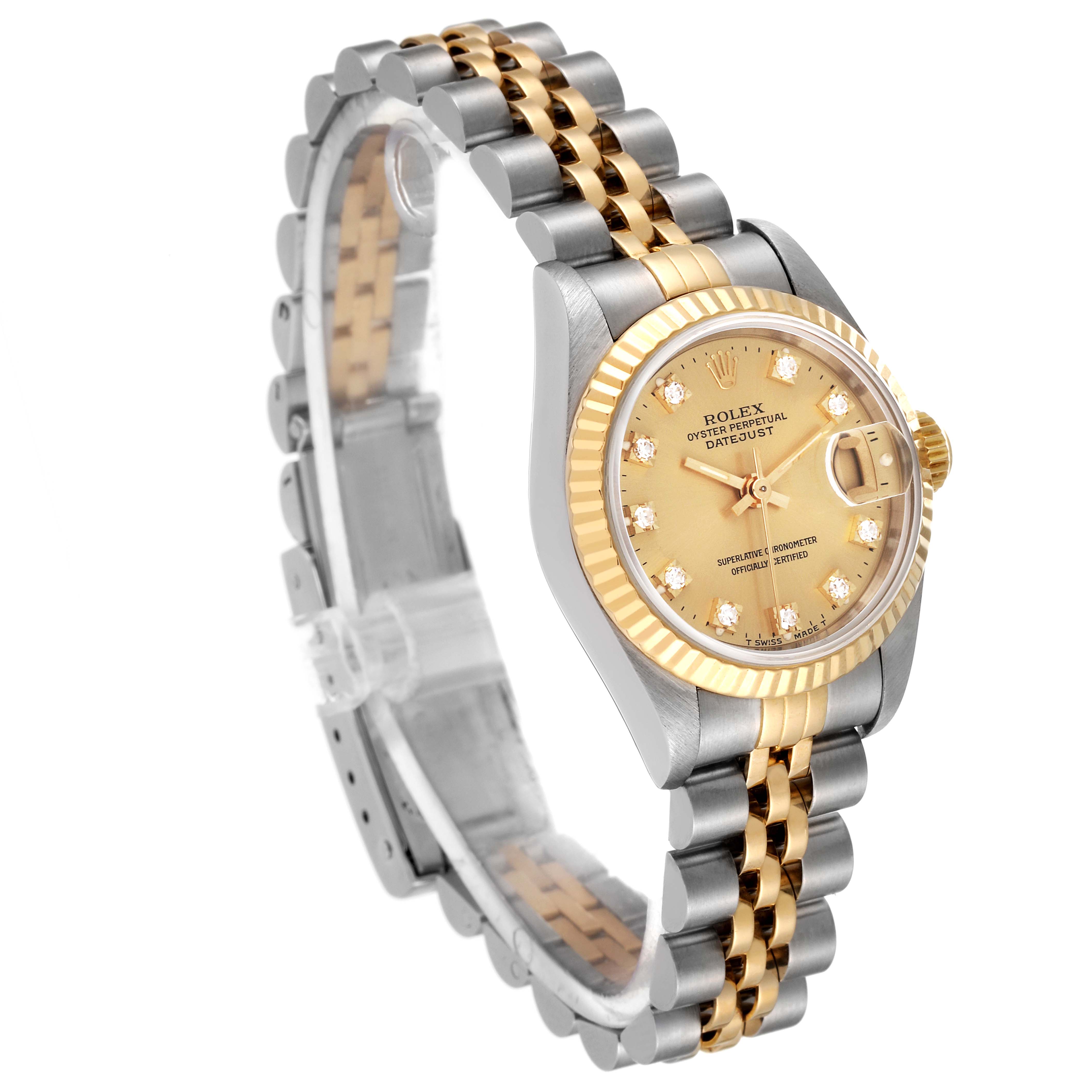 This image shows a Rolex Datejust 69173 Women's Steel and Gold (two tone) Champagne Dial 69173 Women's Steel and Gold (two tone) Champagne Dial watch at a three-quarter angle, highlighting its face, bezel, and two-tone band.