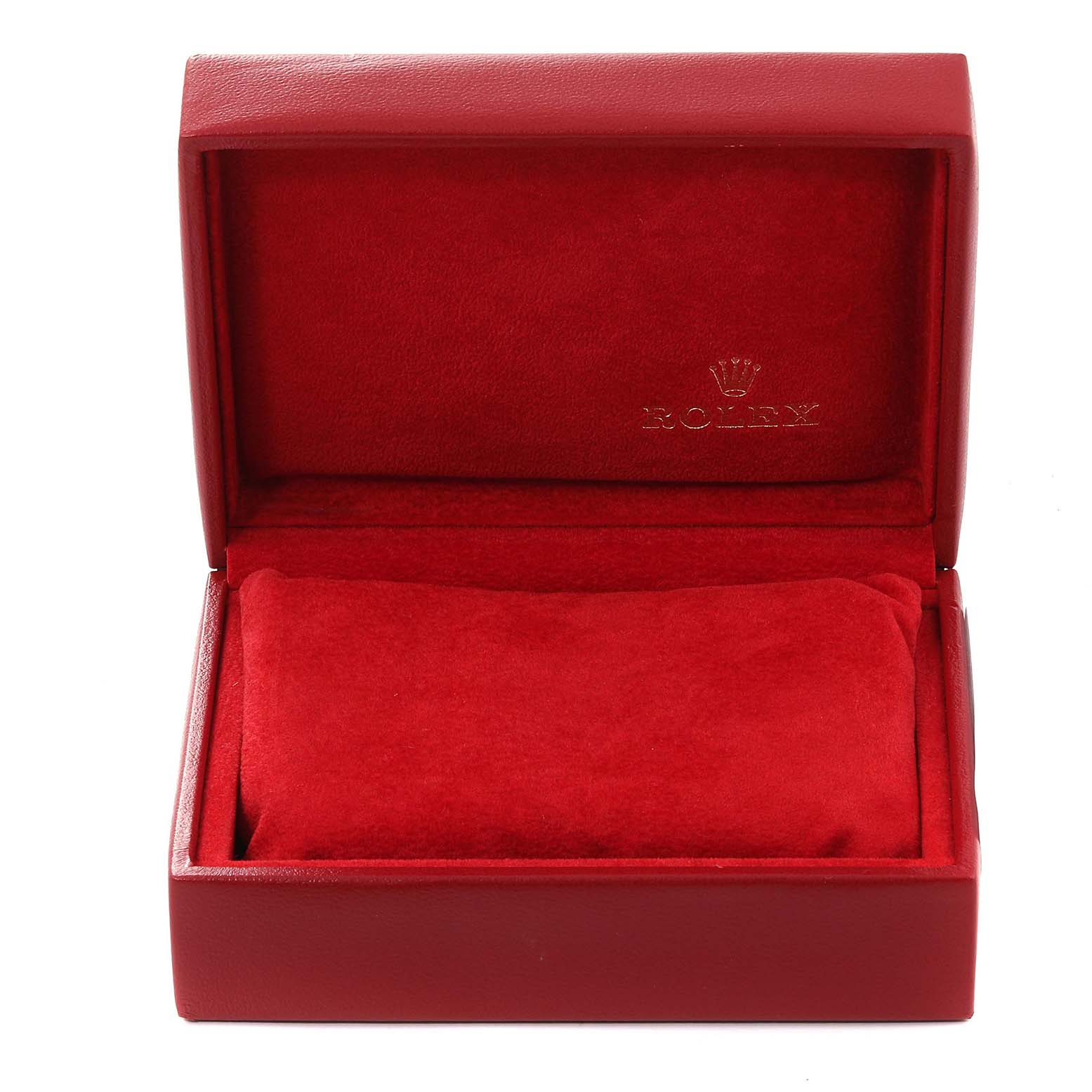 This is an open red Rolex Datejust 69173 Women's Steel and Gold (two tone) Champagne Dial 69173 Women's Steel and Gold (two tone) Champagne Dial watch box with a red cushion inside.