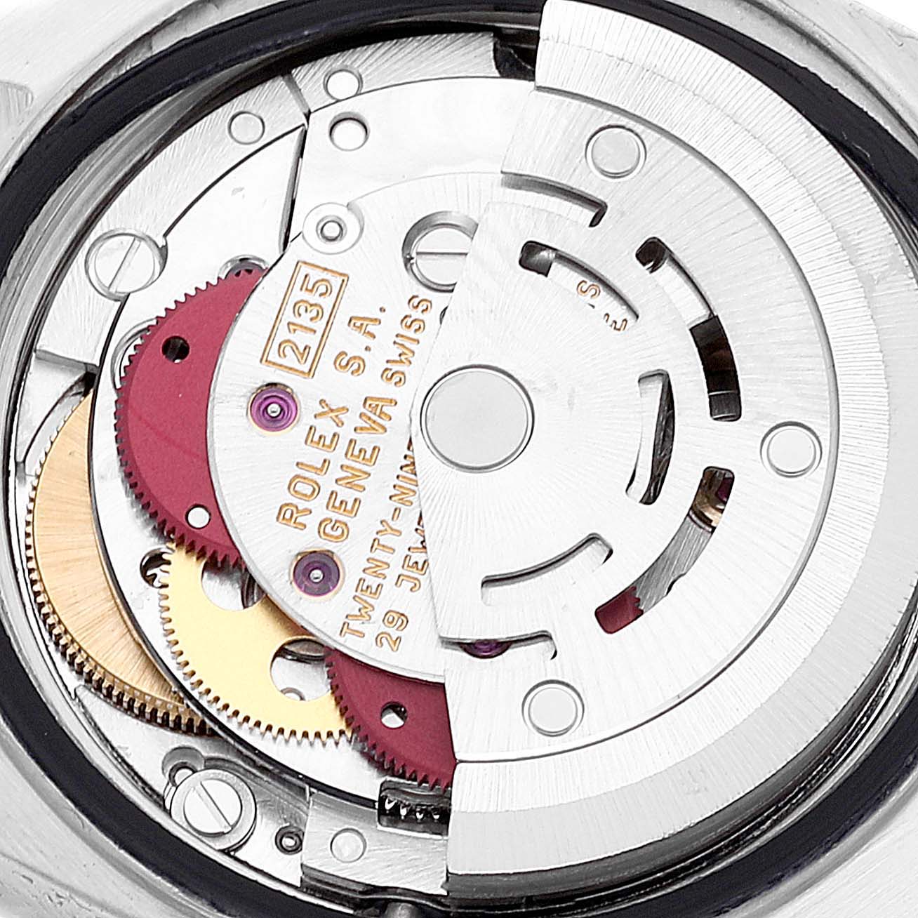 This is a close-up view of the mechanical movement inside a Rolex Datejust 69173 Women's Steel and Gold (two tone) Champagne Dial 69173 Women's Steel and Gold (two tone) Champagne Dial watch.