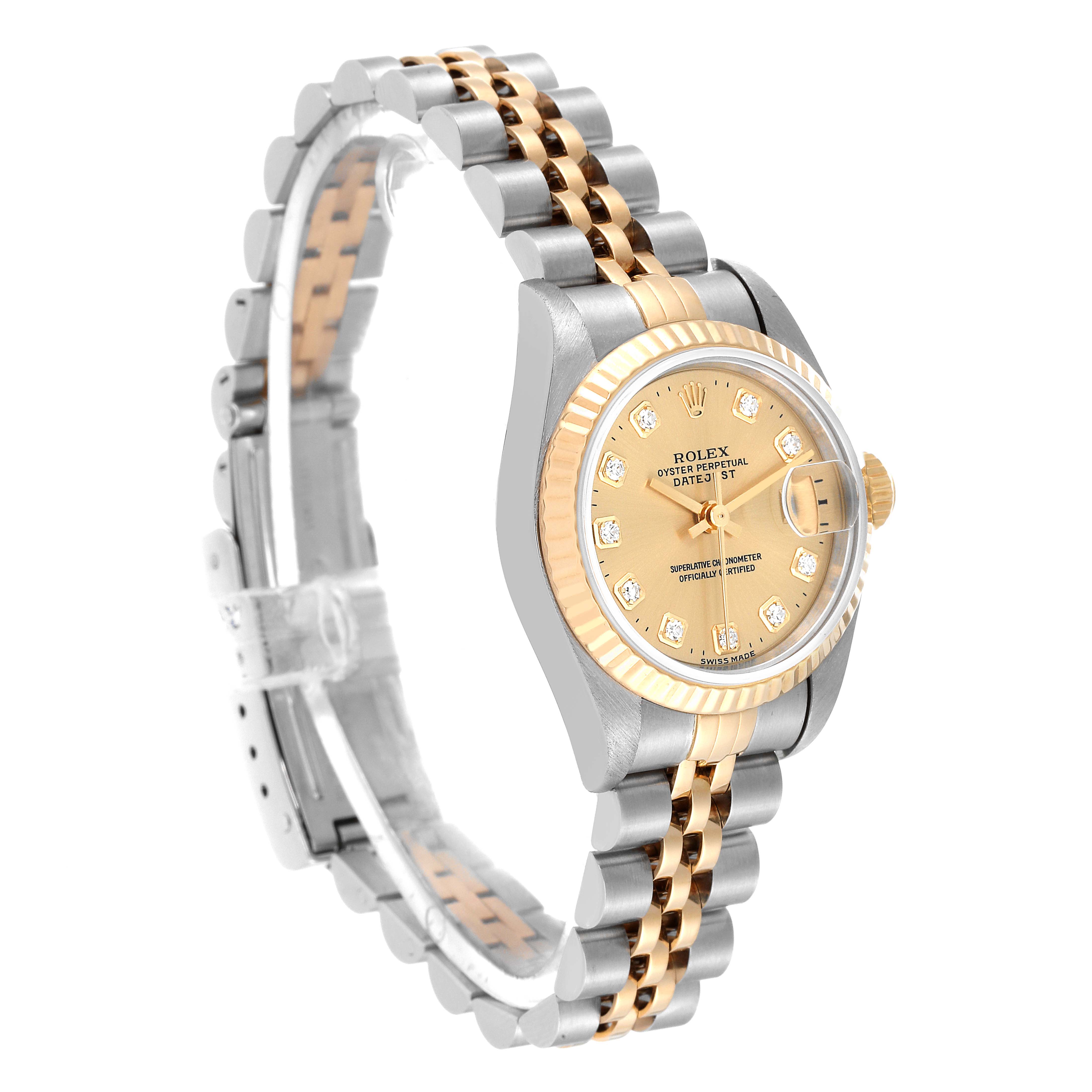 The image shows a Rolex Datejust 69173 Women's Steel and Gold (two tone) Champagne Dial 69173 Women's Steel and Gold (two tone) Champagne Dial watch at a side angle, highlighting its two-tone bracelet, fluted bezel, and champagne dial with diamond markers.