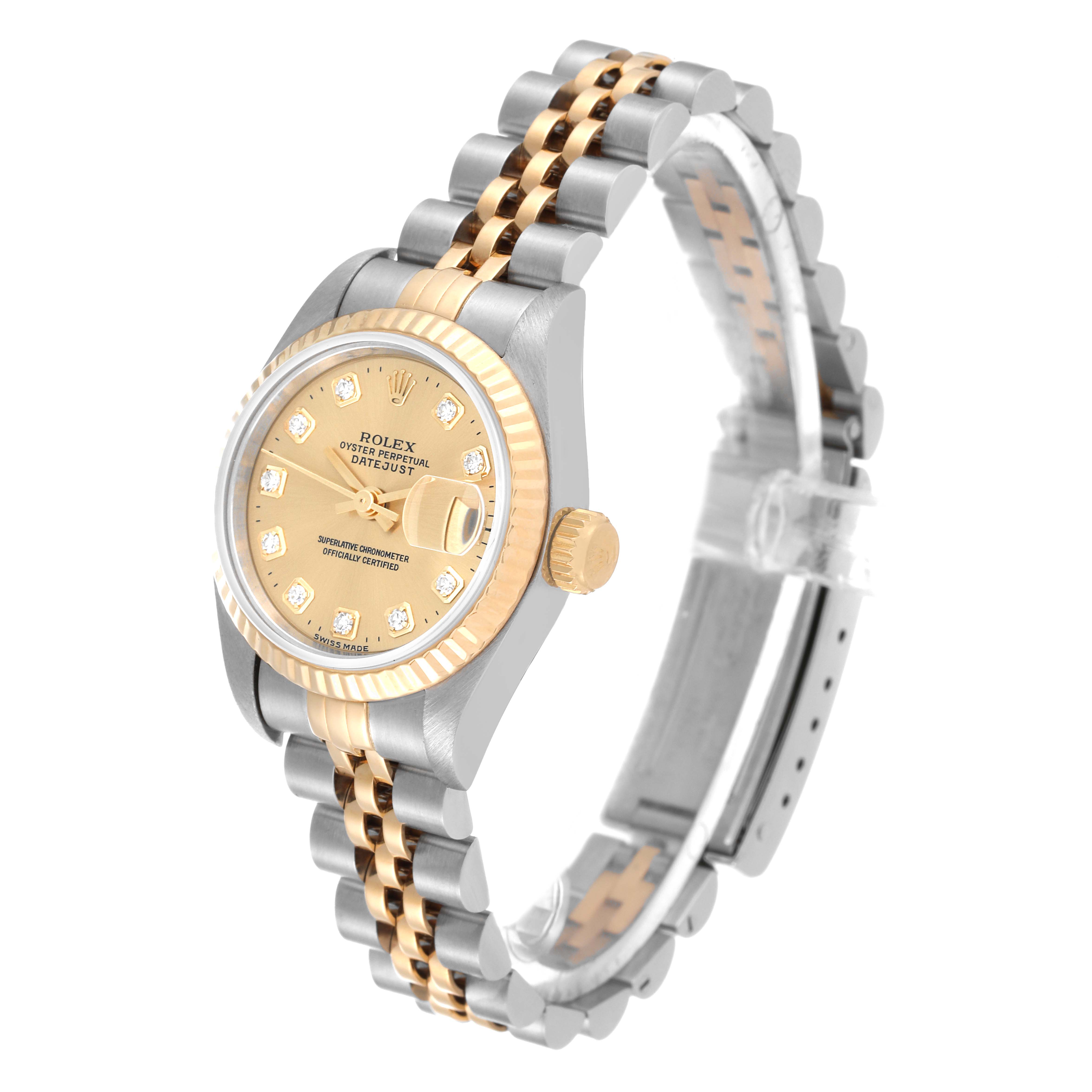 The image shows a side view of a Rolex Datejust 69173 Women's Steel and Gold (two tone) Champagne Dial 69173 Women's Steel and Gold (two tone) Champagne Dial watch, highlighting its dial, bezel, and two-tone bracelet.