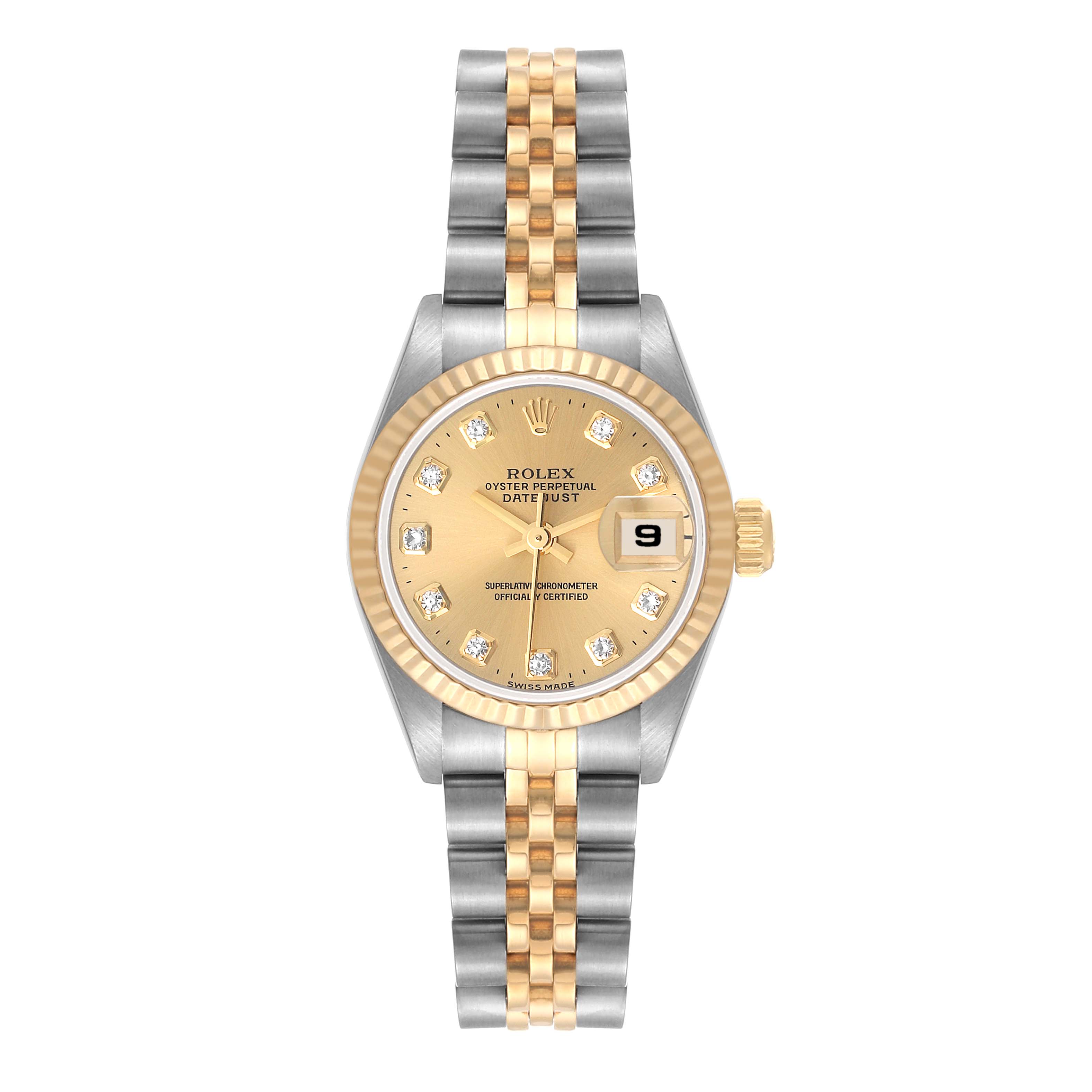 This image shows a frontal view of a Rolex Datejust 69173 Women's Steel and Gold (two tone) Champagne Dial 69173 Women's Steel and Gold (two tone) Champagne Dial watch with a two-tone bracelet and a champagne diamond dial.