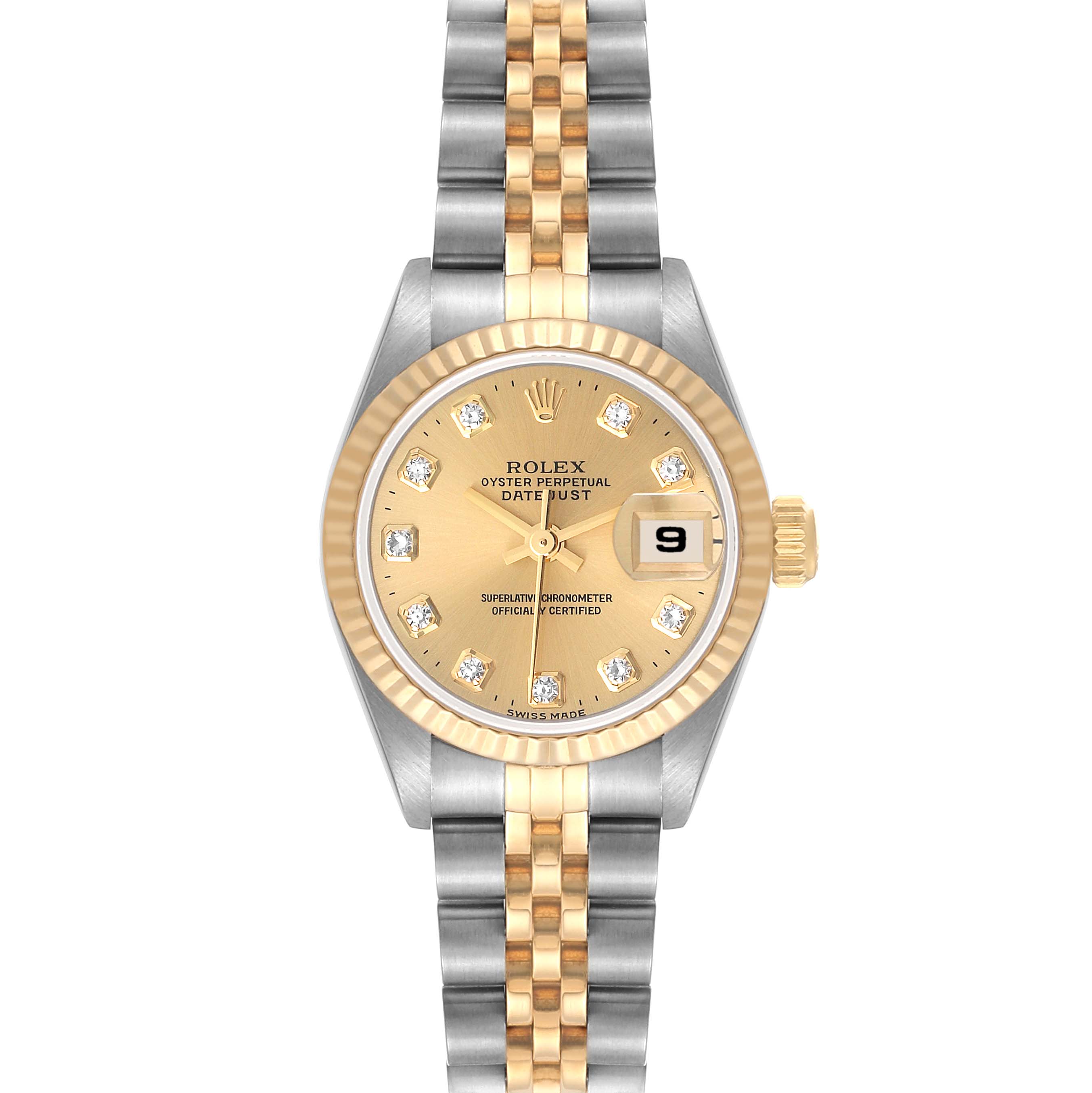 The image shows a Rolex Datejust 69173 Women's Steel and Gold (two tone) Champagne Dial 69173 Women's Steel and Gold (two tone) Champagne Dial watch in a front view, featuring a two-tone bracelet, fluted bezel, and champagne dial with diamond hour markers.